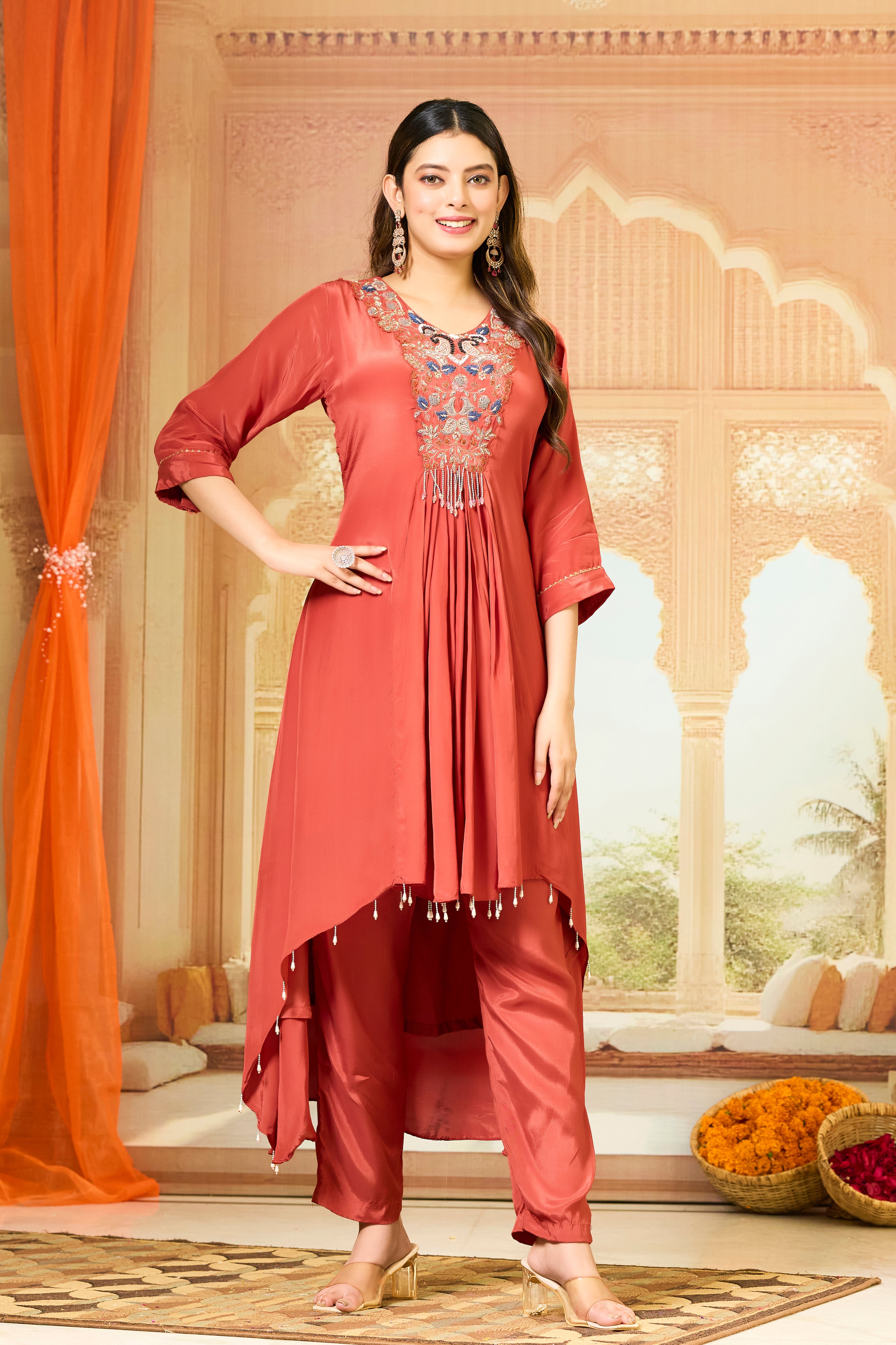 Red Handwork Crepe Silk Kurta & Pant Set