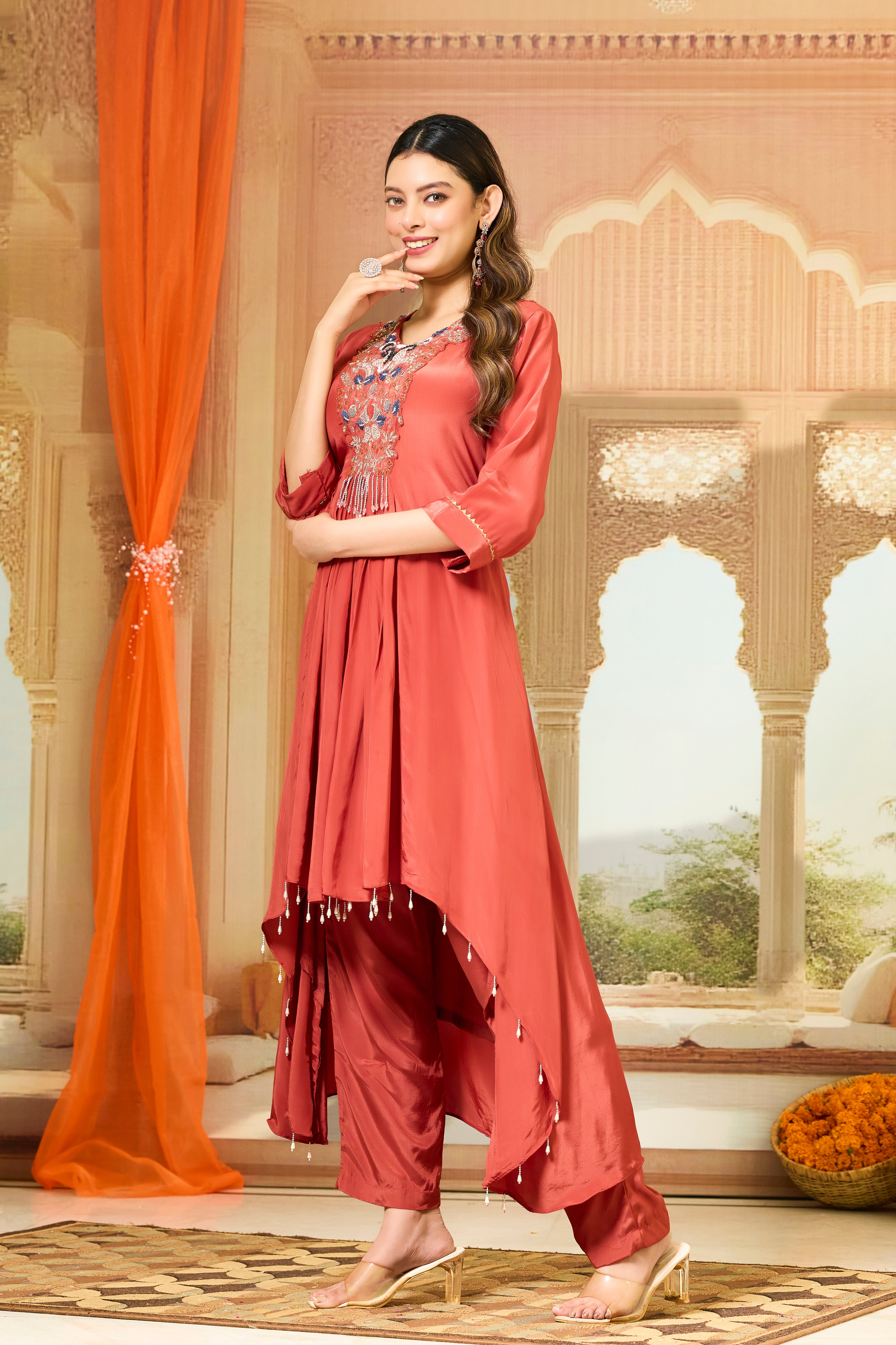 Red Handwork Crepe Silk Kurta & Pant Set