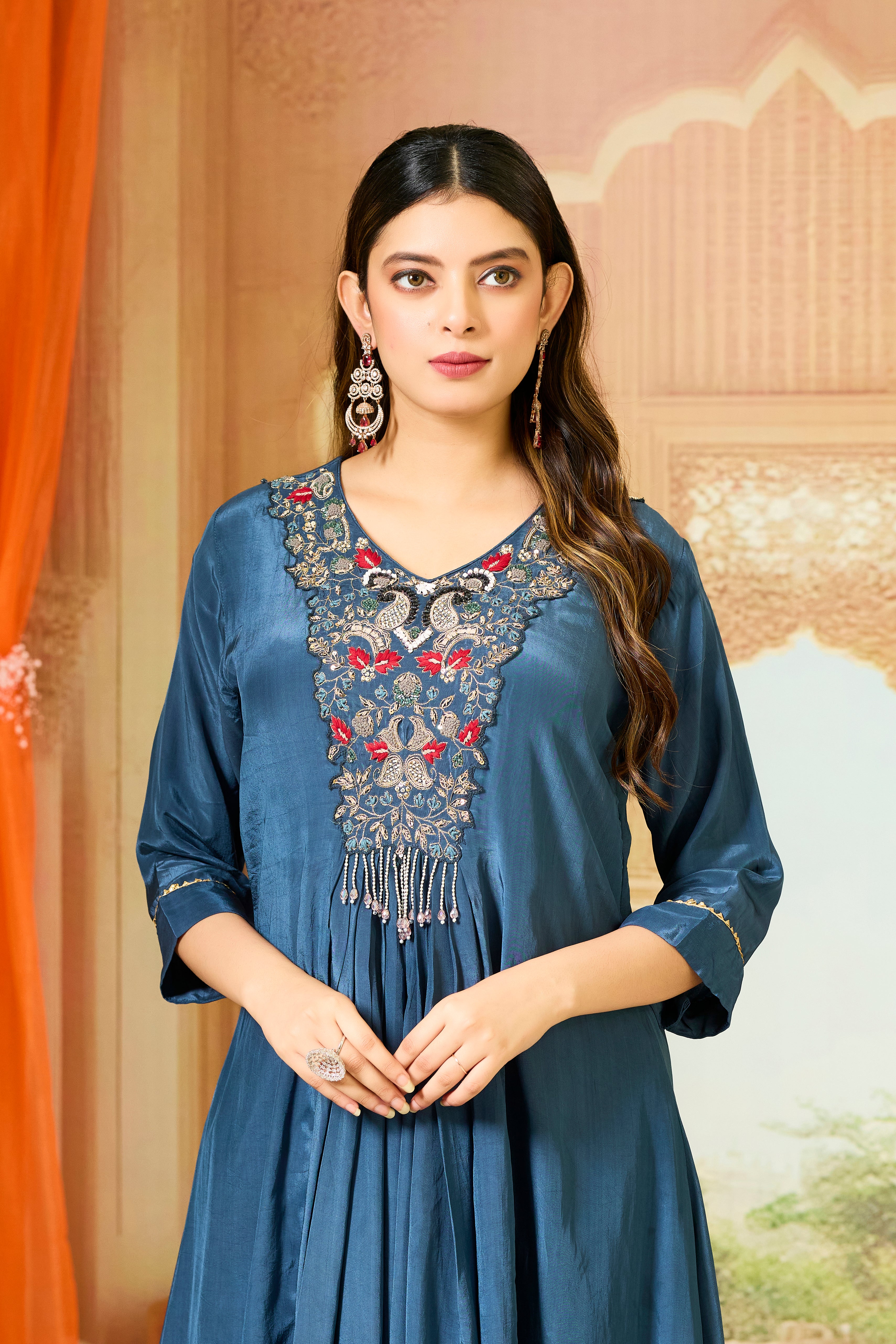 Blue Handwork Crepe Silk Kurta & Pant Set