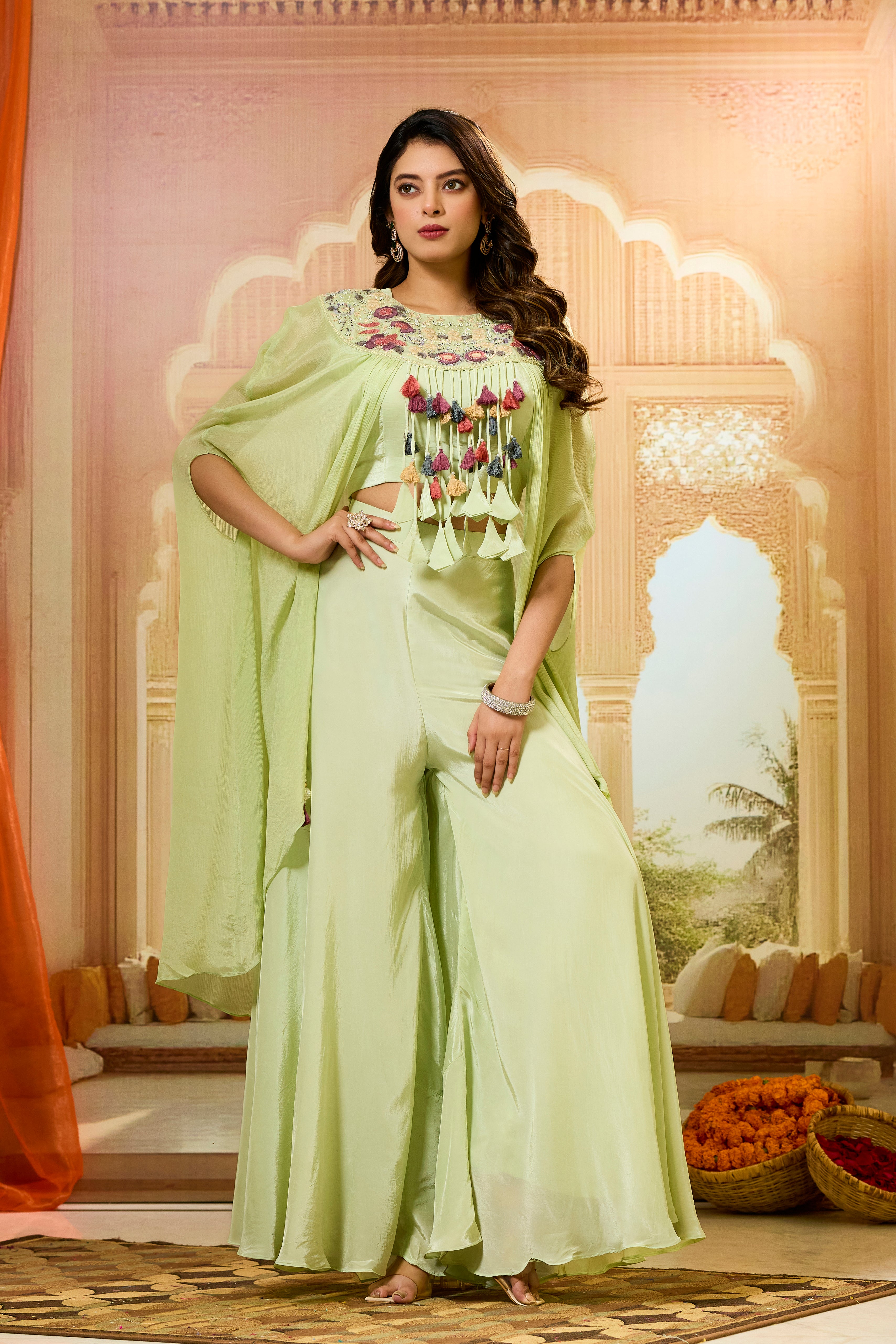 Green Handwork Chinon Silk Palazzo Set
