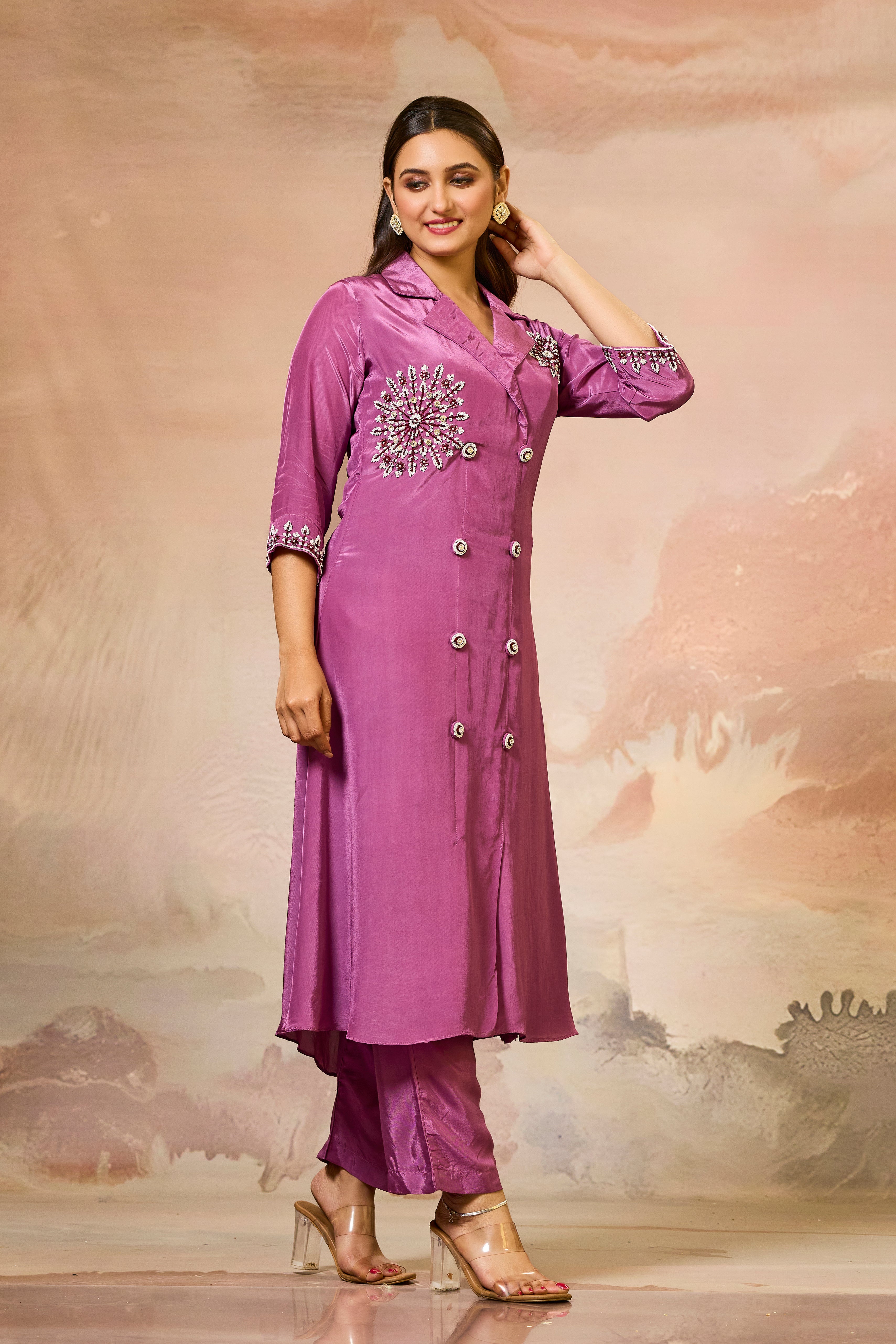 Pink Handwork Crepe Silk Kurta & Pant Set