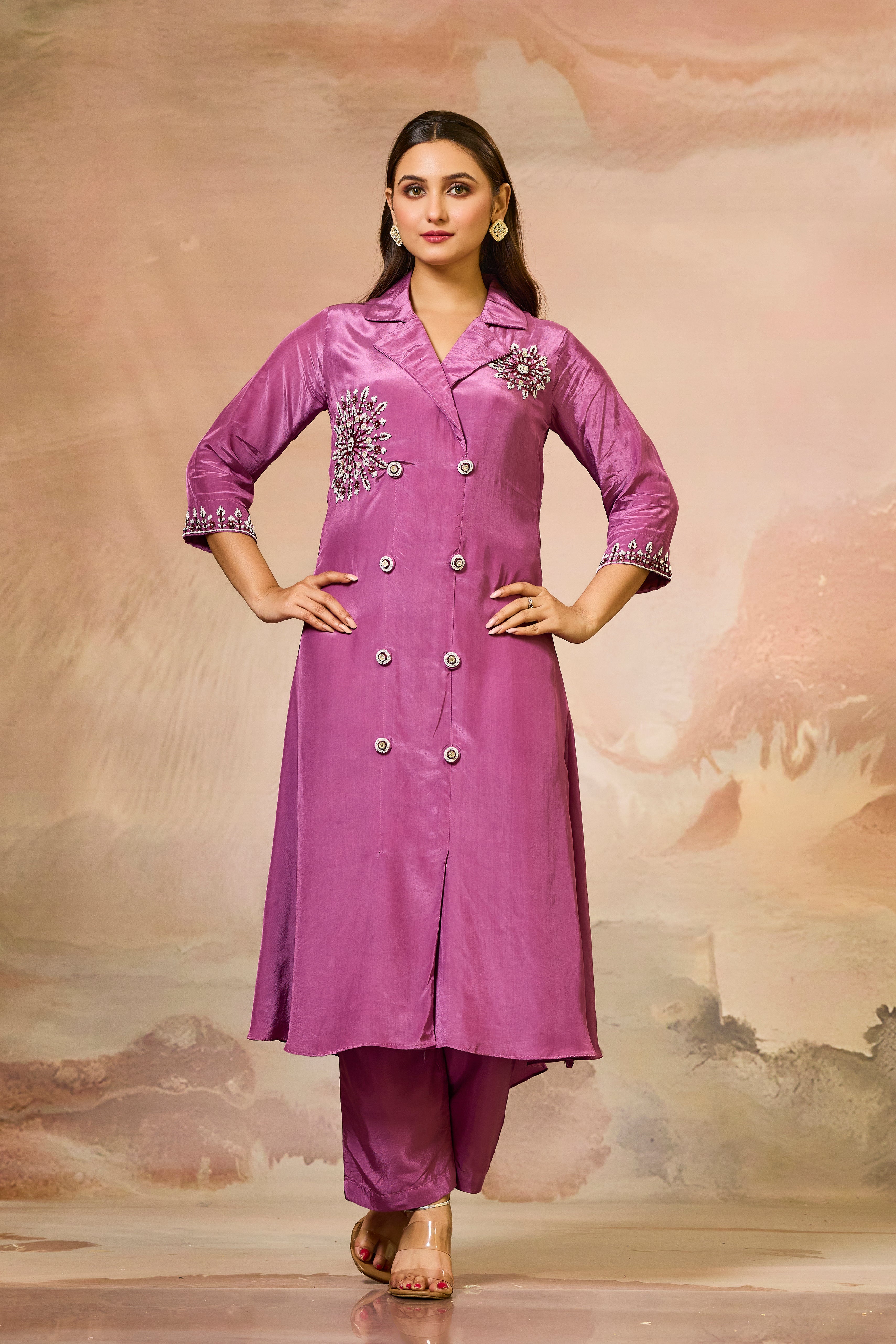 Pink Handwork Crepe Silk Kurta & Pant Set