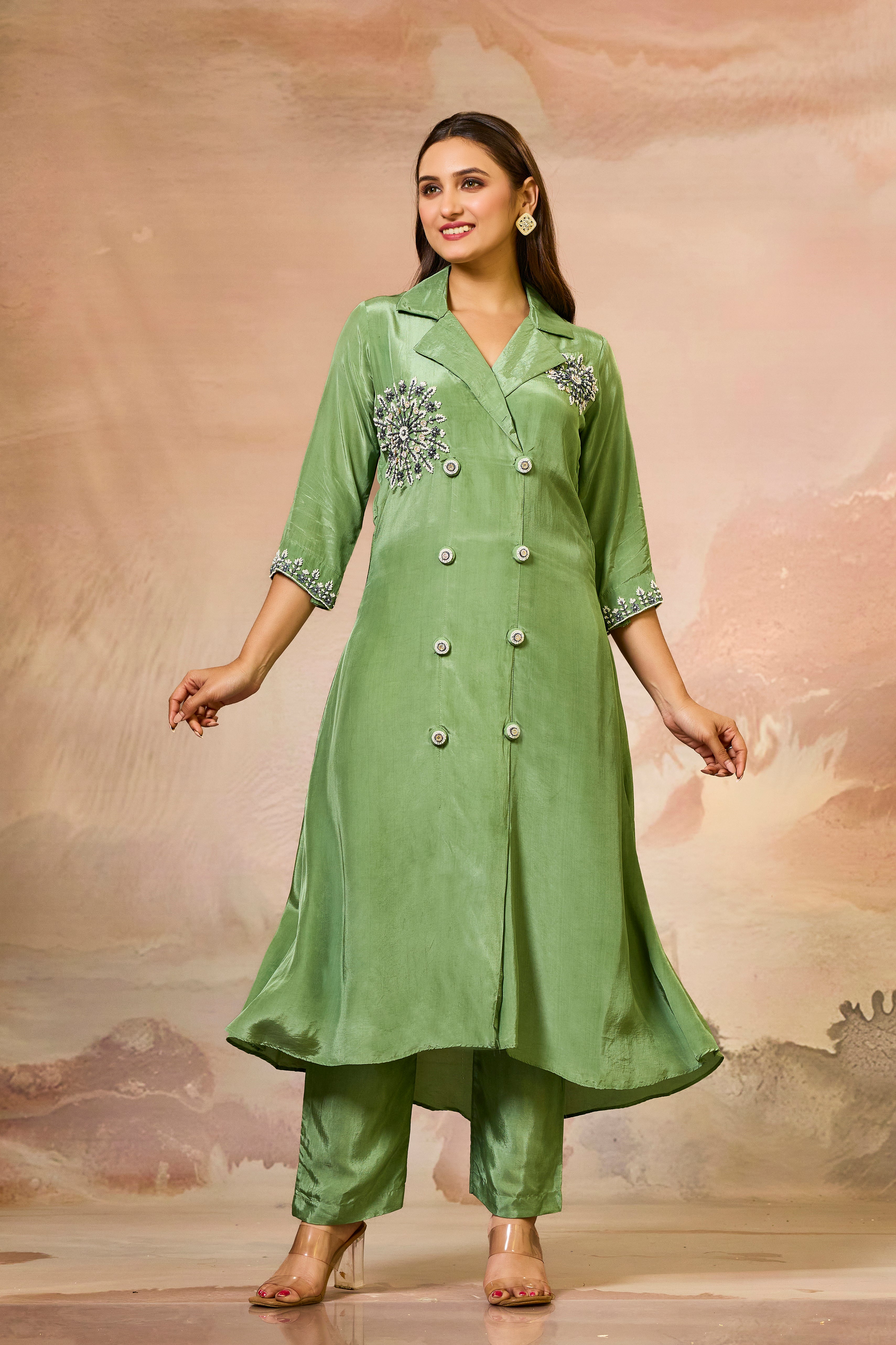 Green Handwork Crepe Silk Kurta & Pant Set