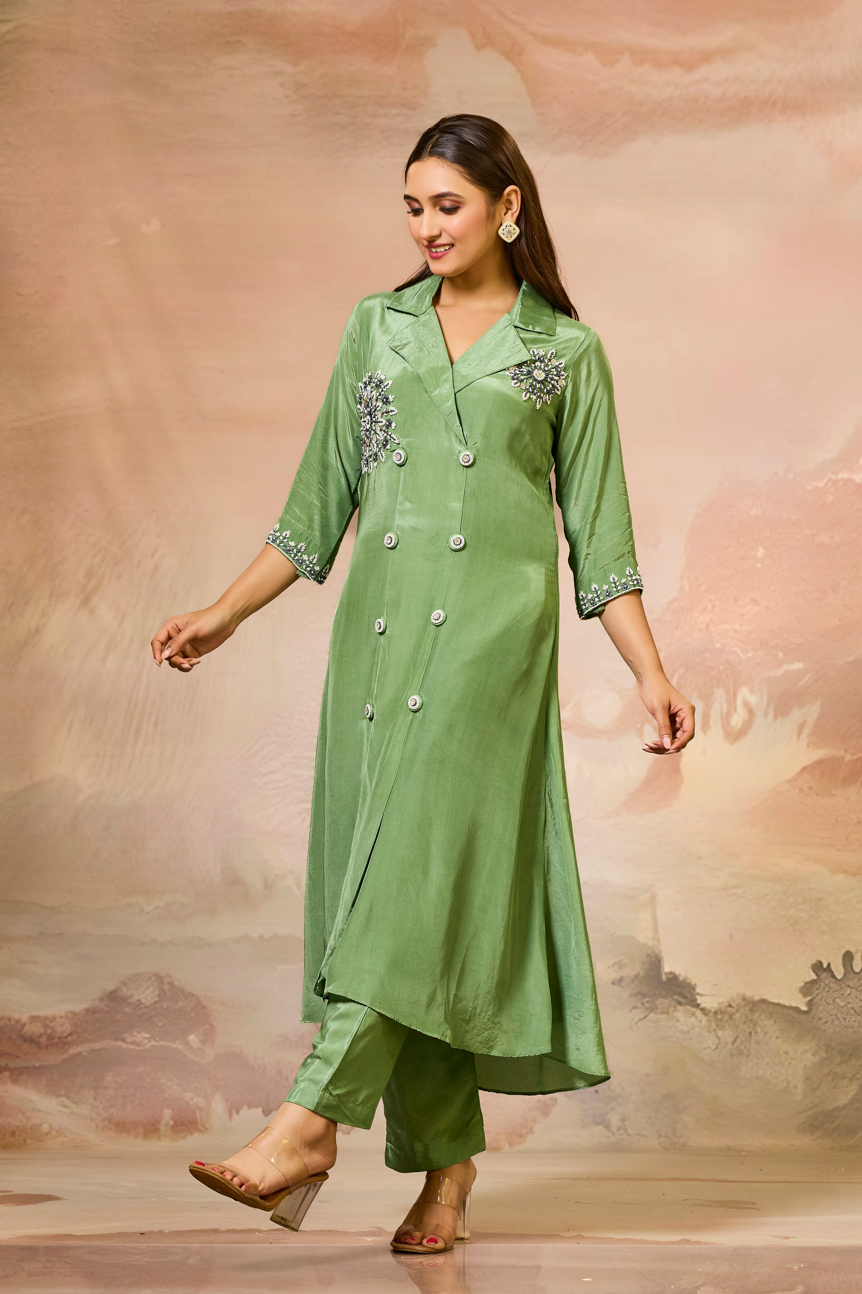 Green Handwork Crepe Silk Kurta & Pant Set