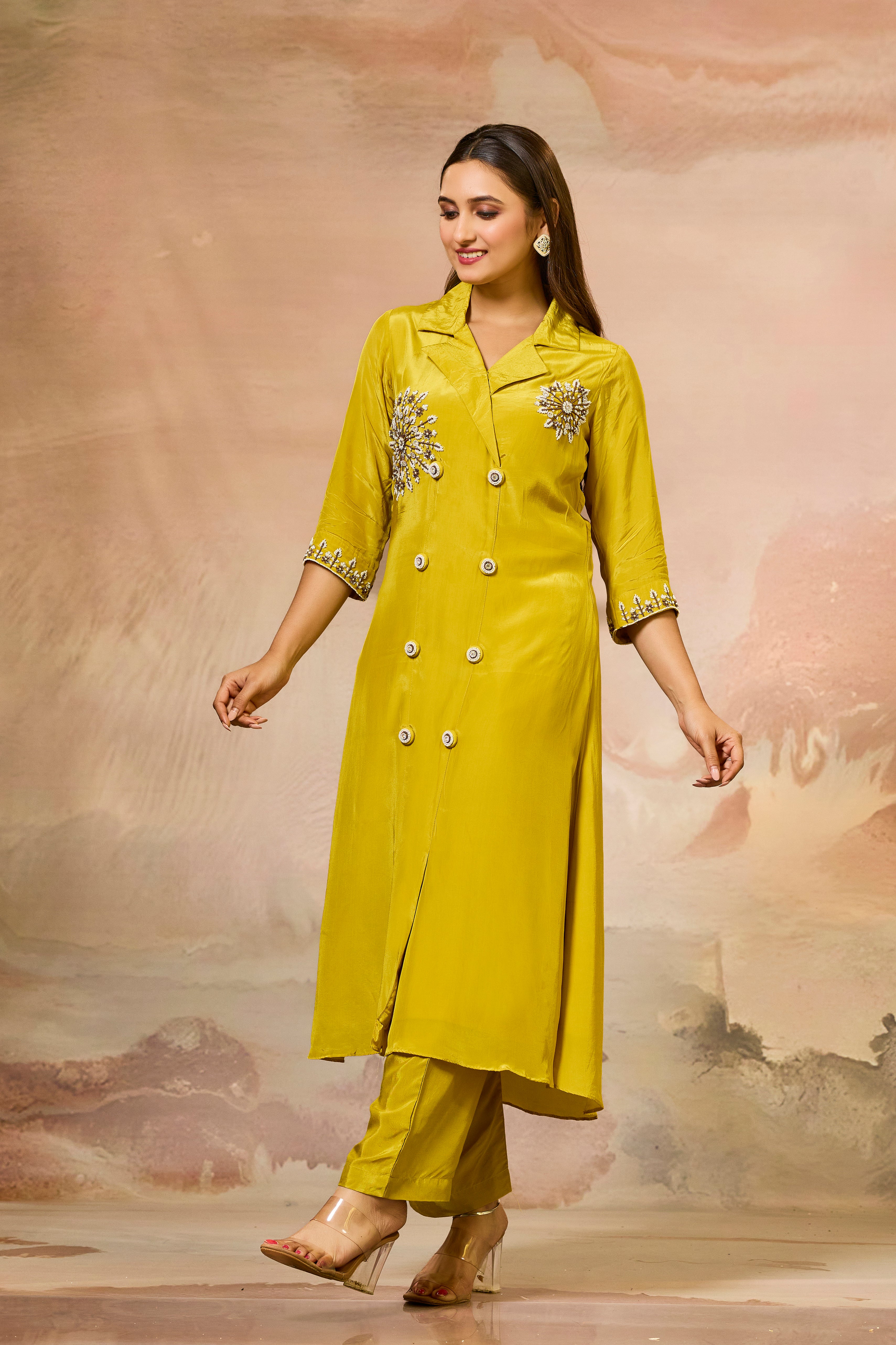 Mustard Handwork Crepe Silk Kurta & Pant Set