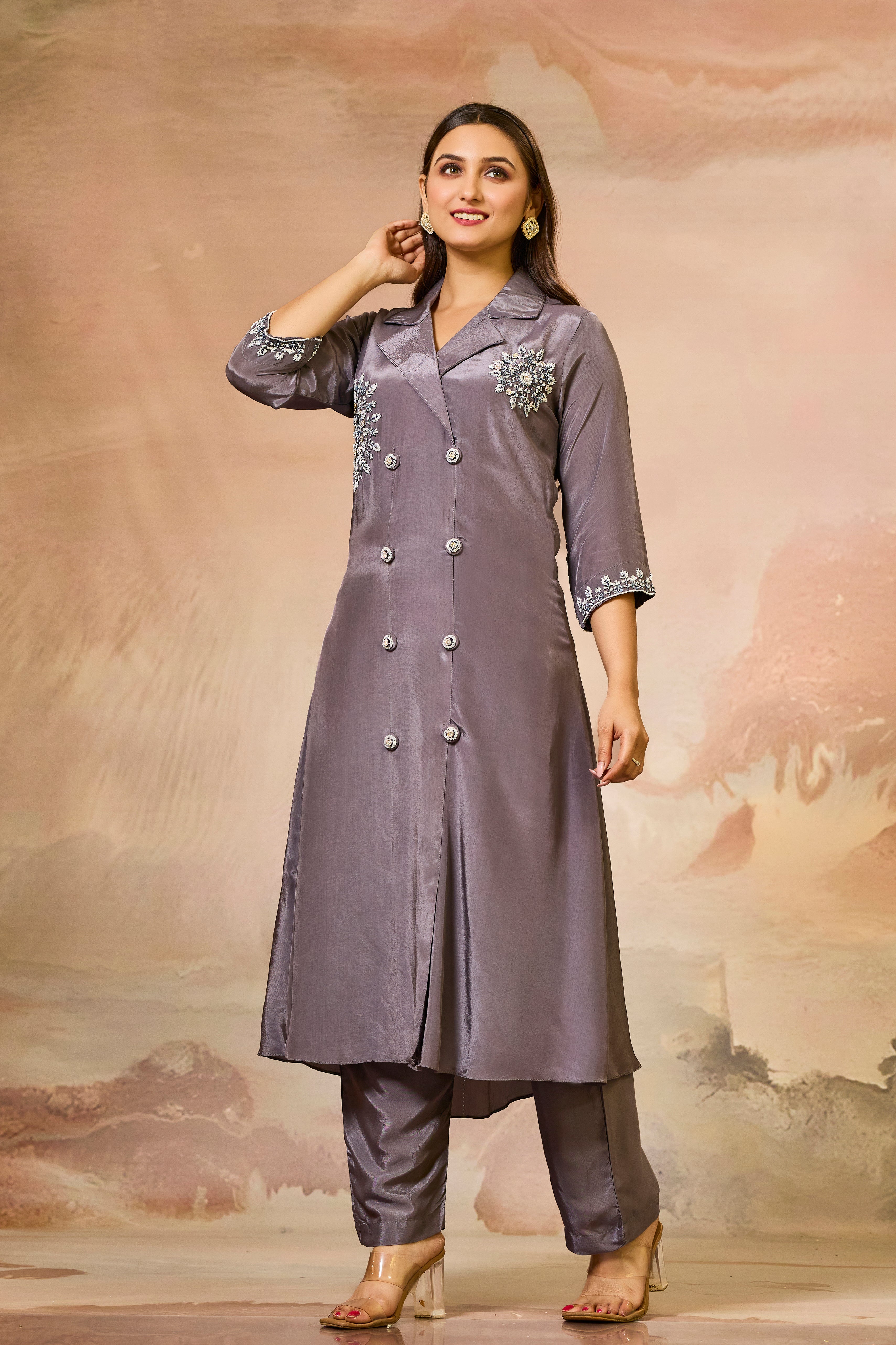 Grey Handwork Crepe Silk Kurta & Pant Set