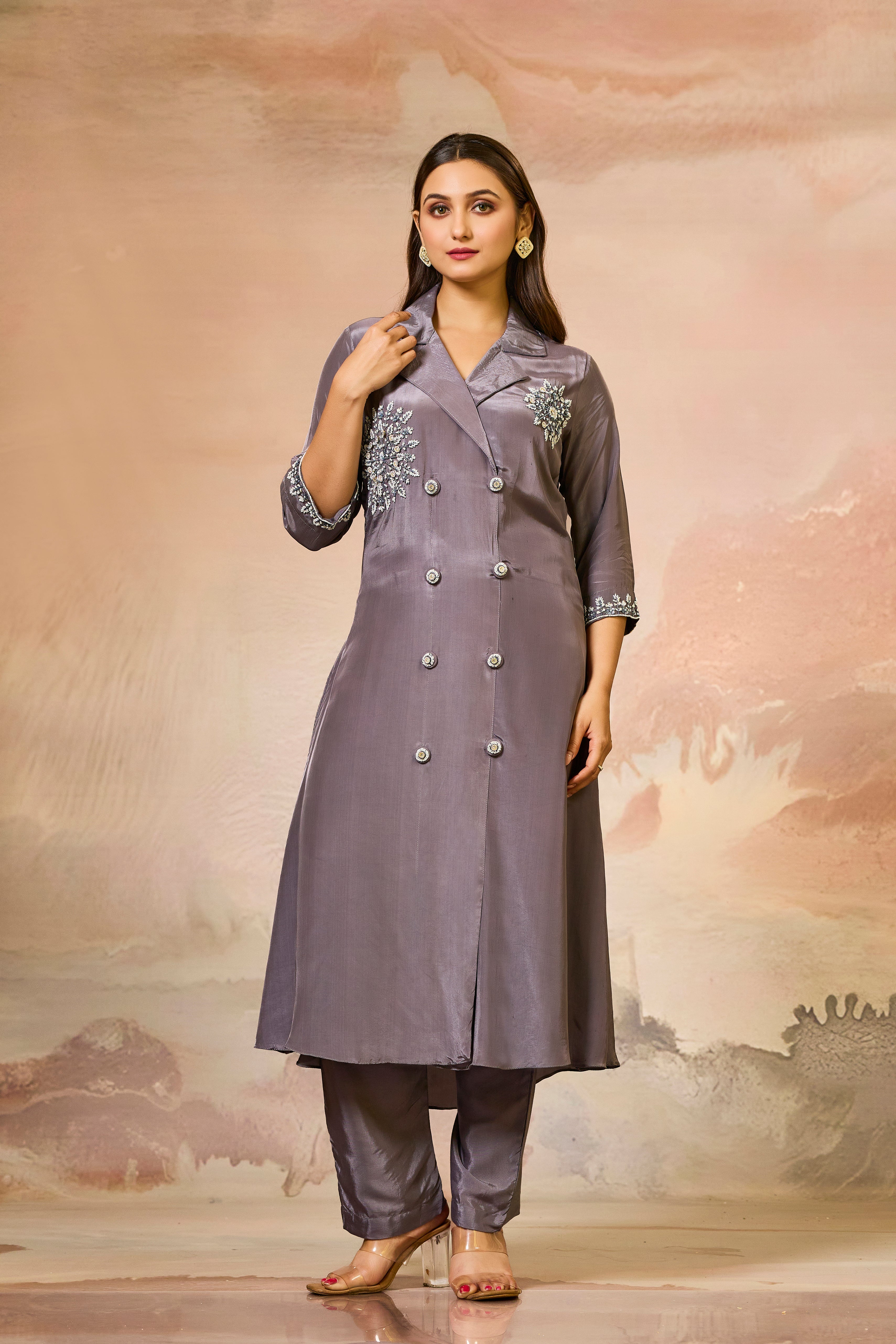 Grey Handwork Crepe Silk Kurta & Pant Set