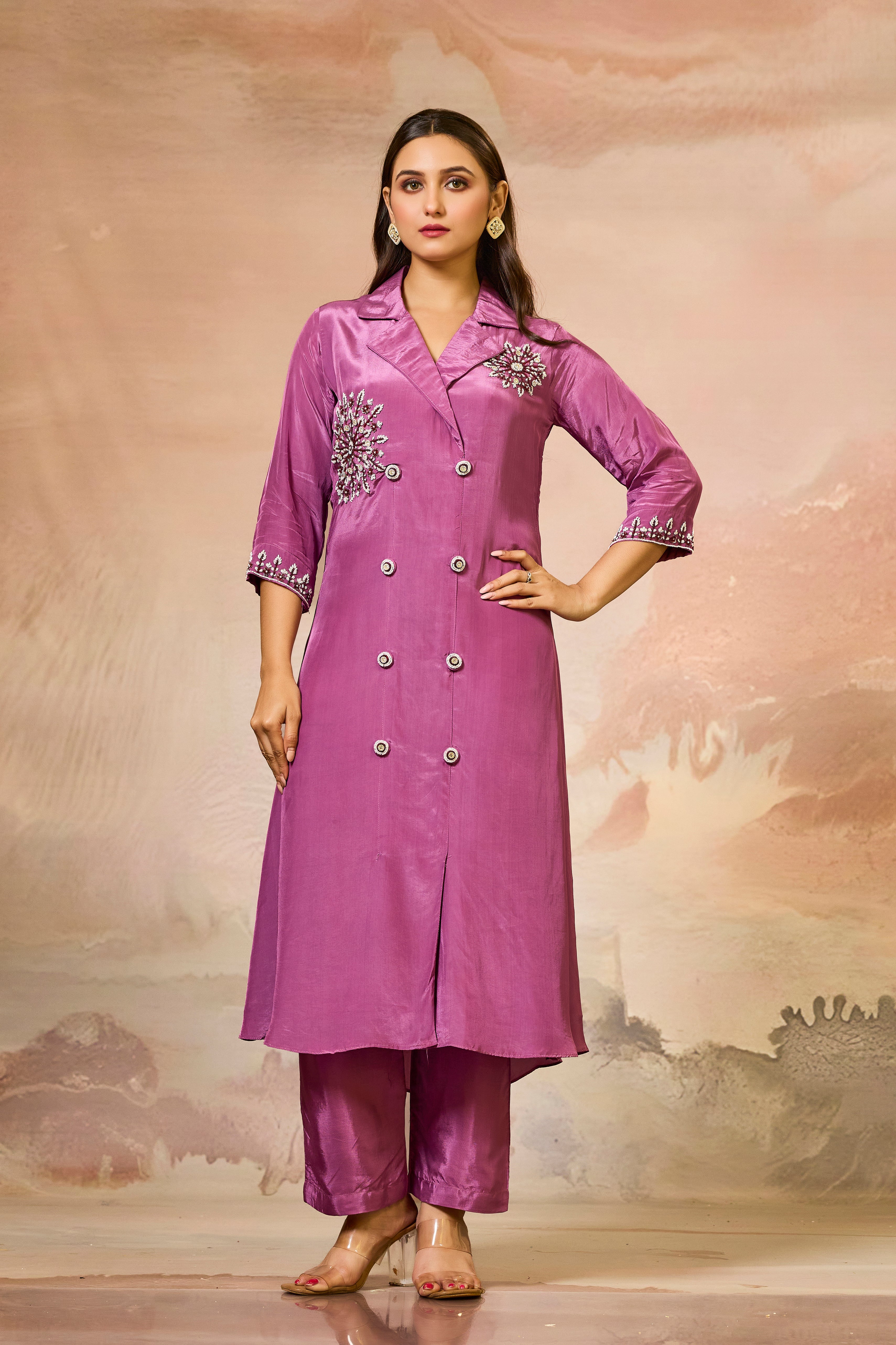 Pink Handwork Crepe Silk Kurta & Pant Set