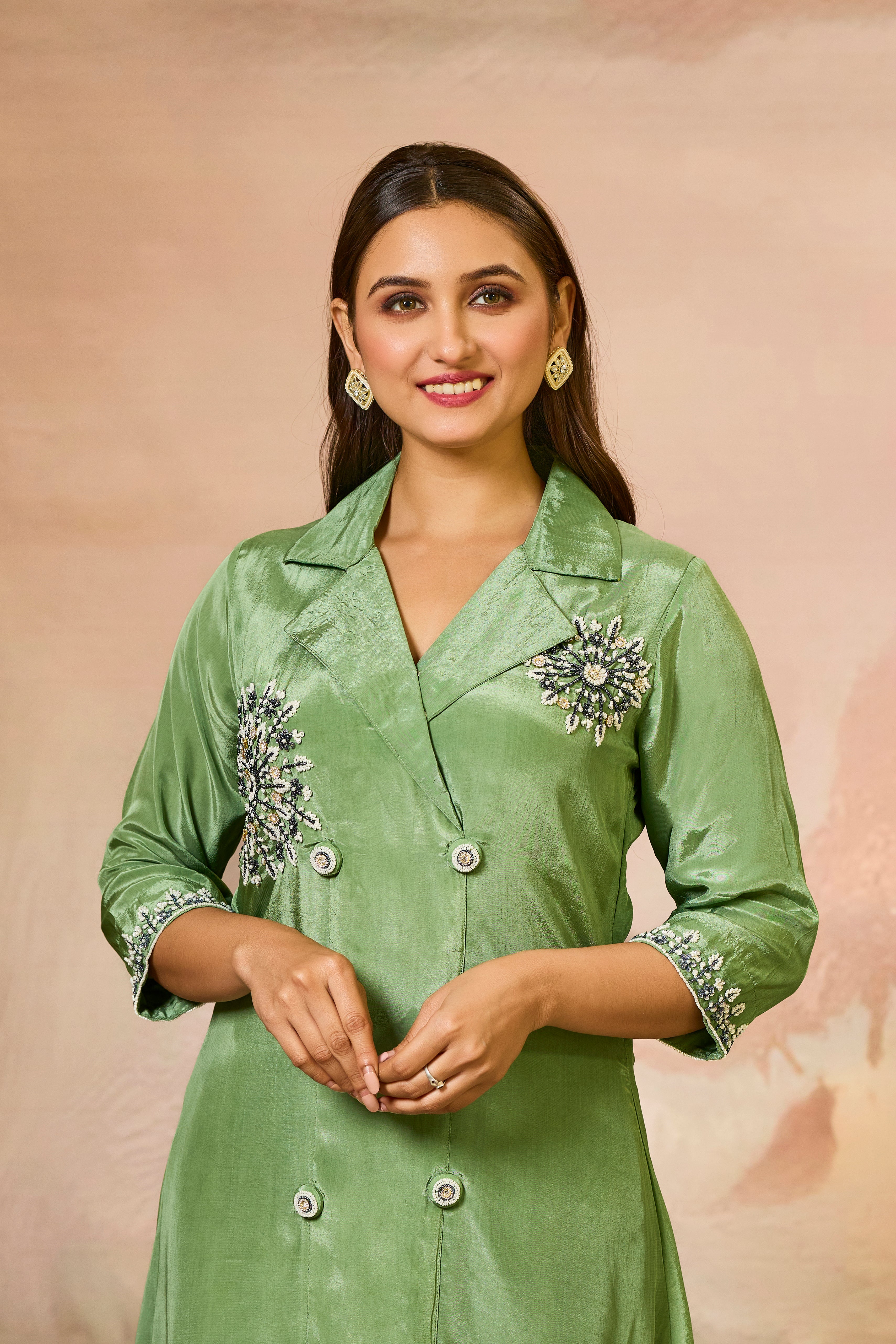 Green Handwork Crepe Silk Kurta & Pant Set