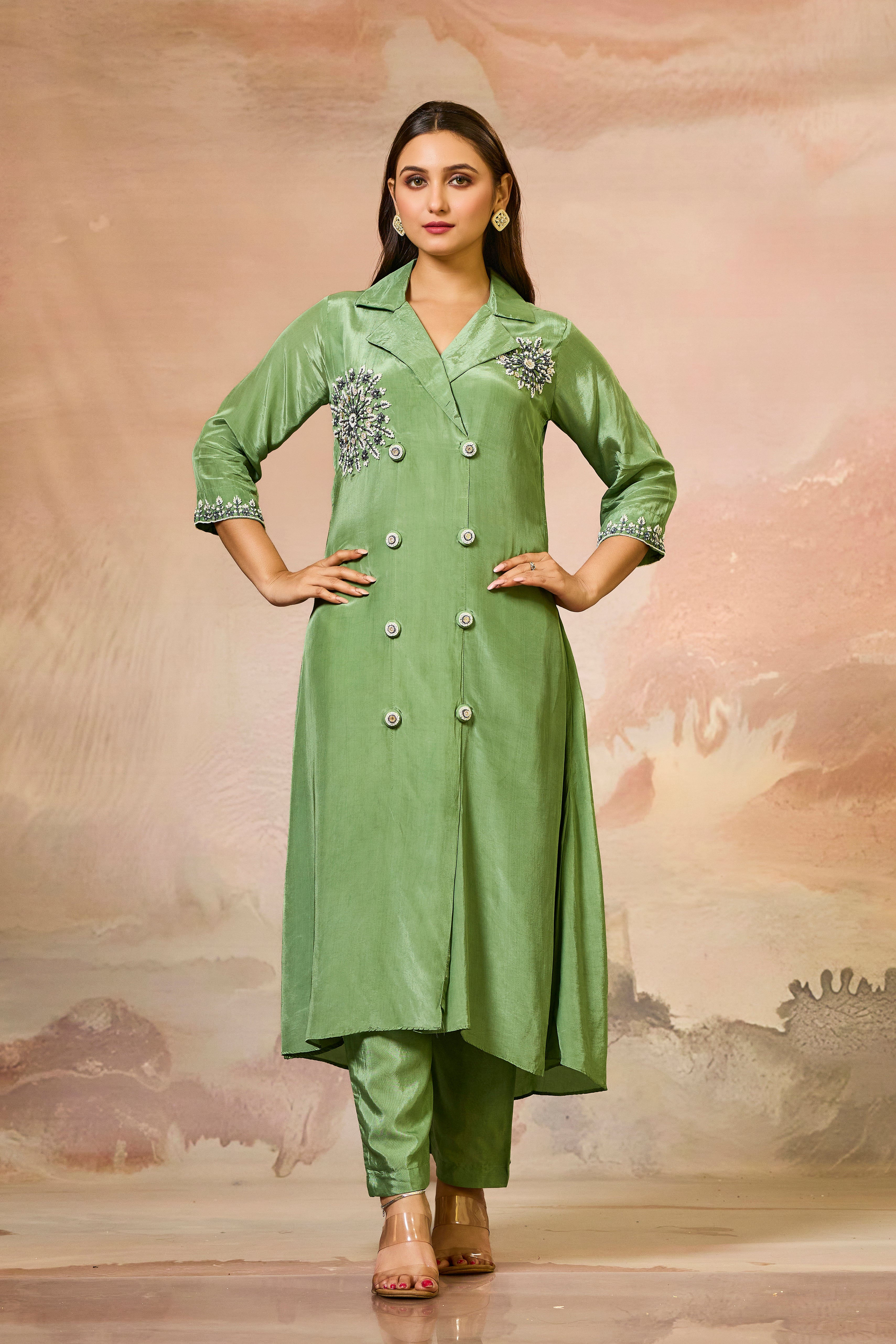 Green Handwork Crepe Silk Kurta & Pant Set