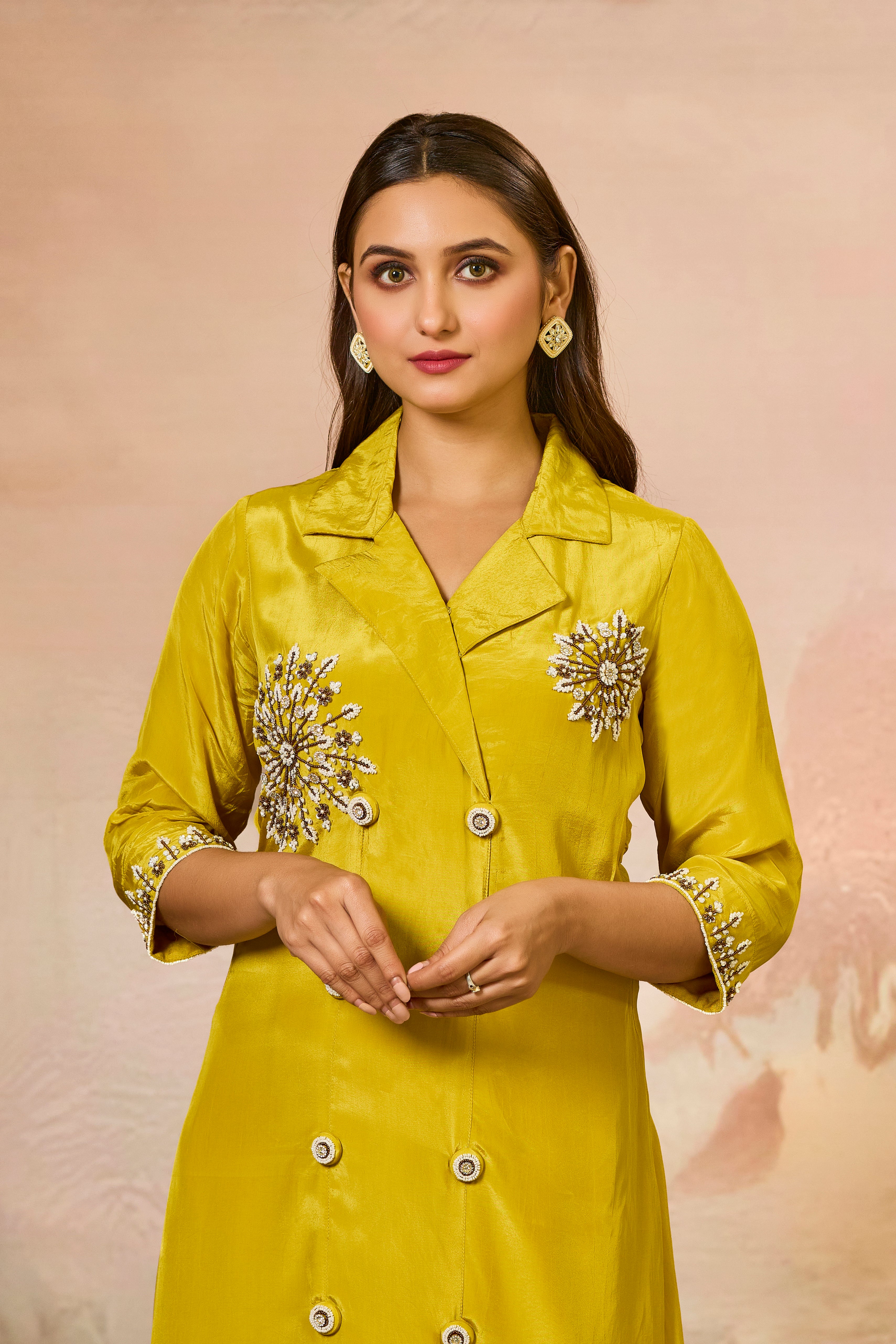 Mustard Handwork Crepe Silk Kurta & Pant Set