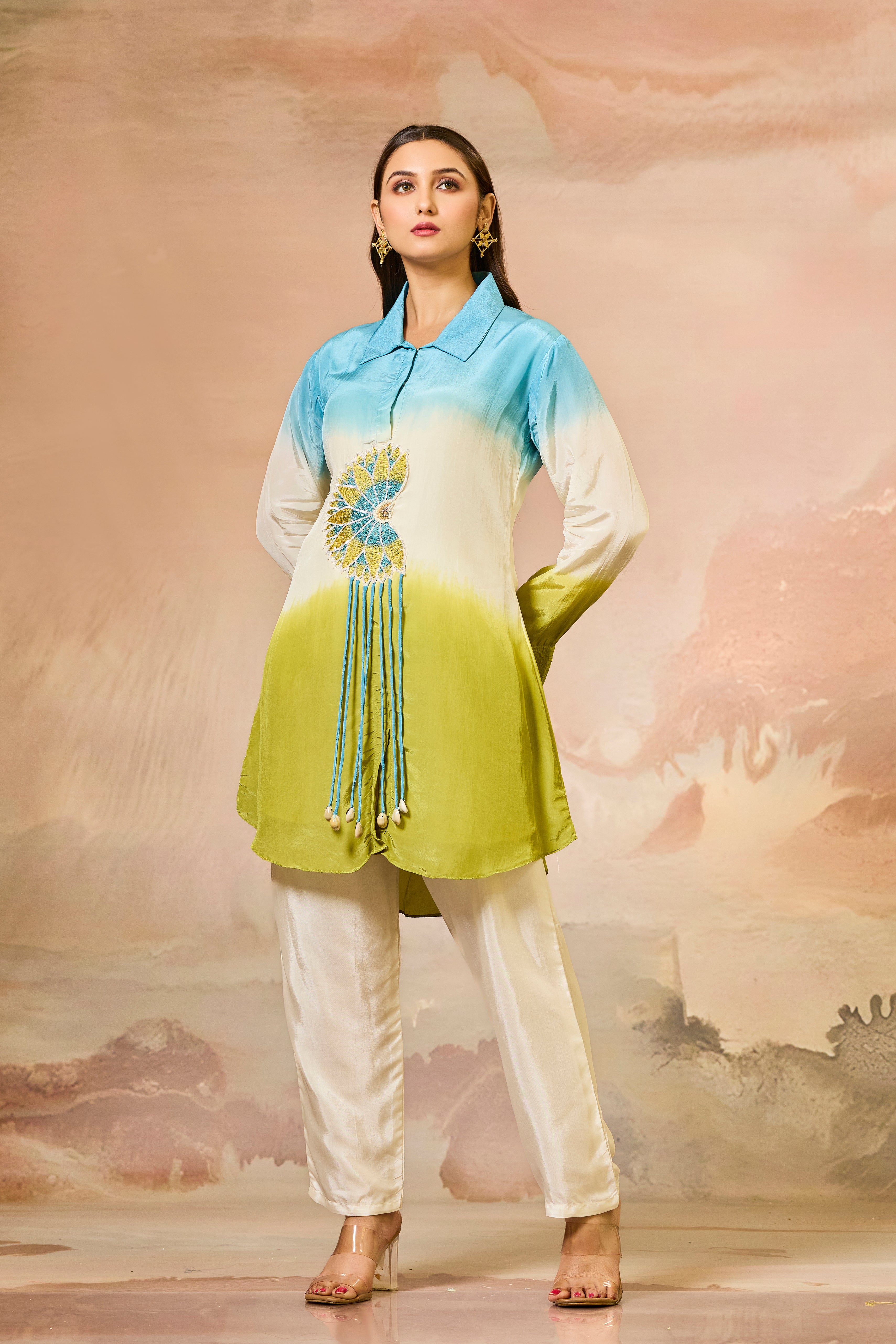 Blue Tricolor Crepe Silk Co-Ord Set