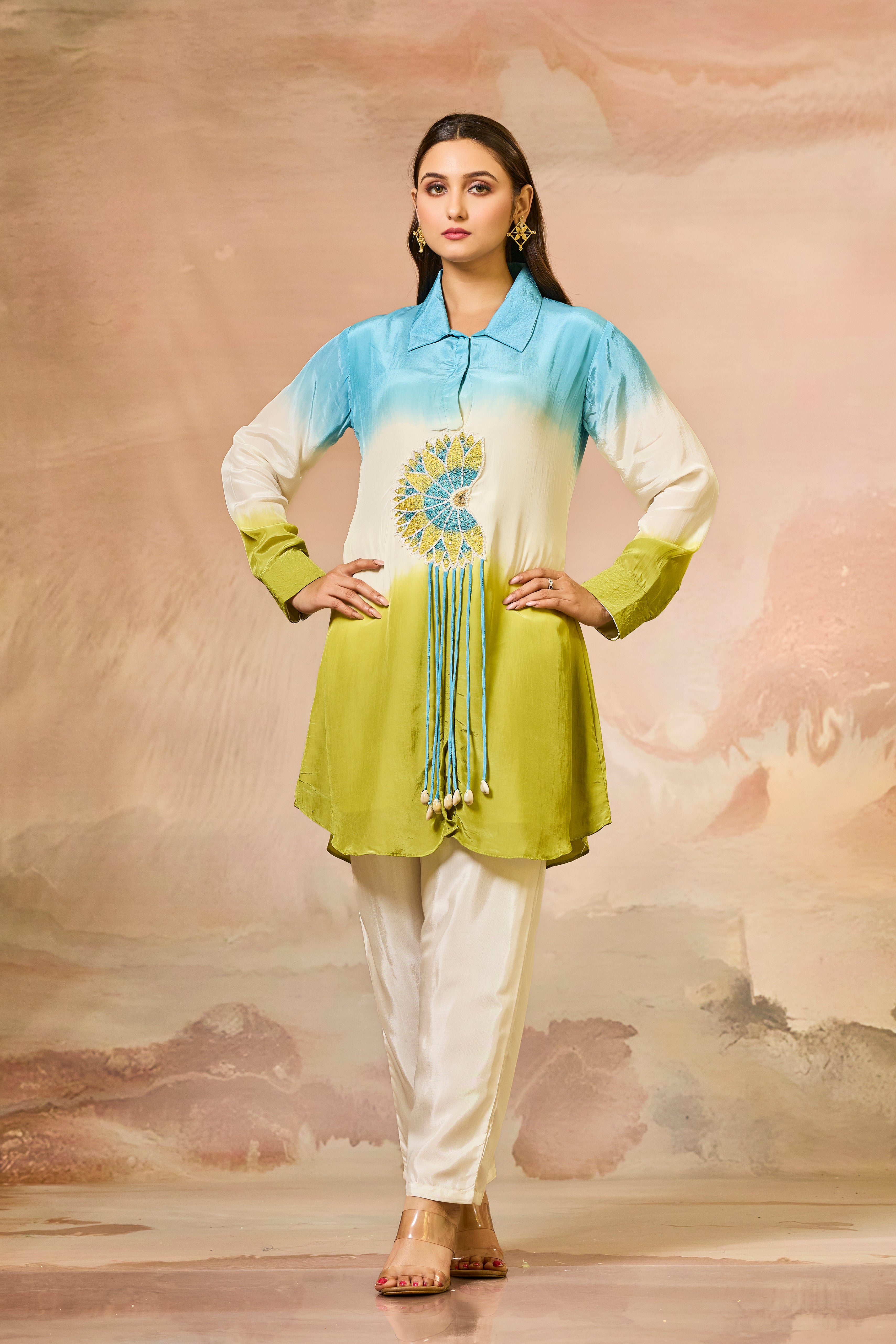 Blue Tricolor Crepe Silk Co-Ord Set