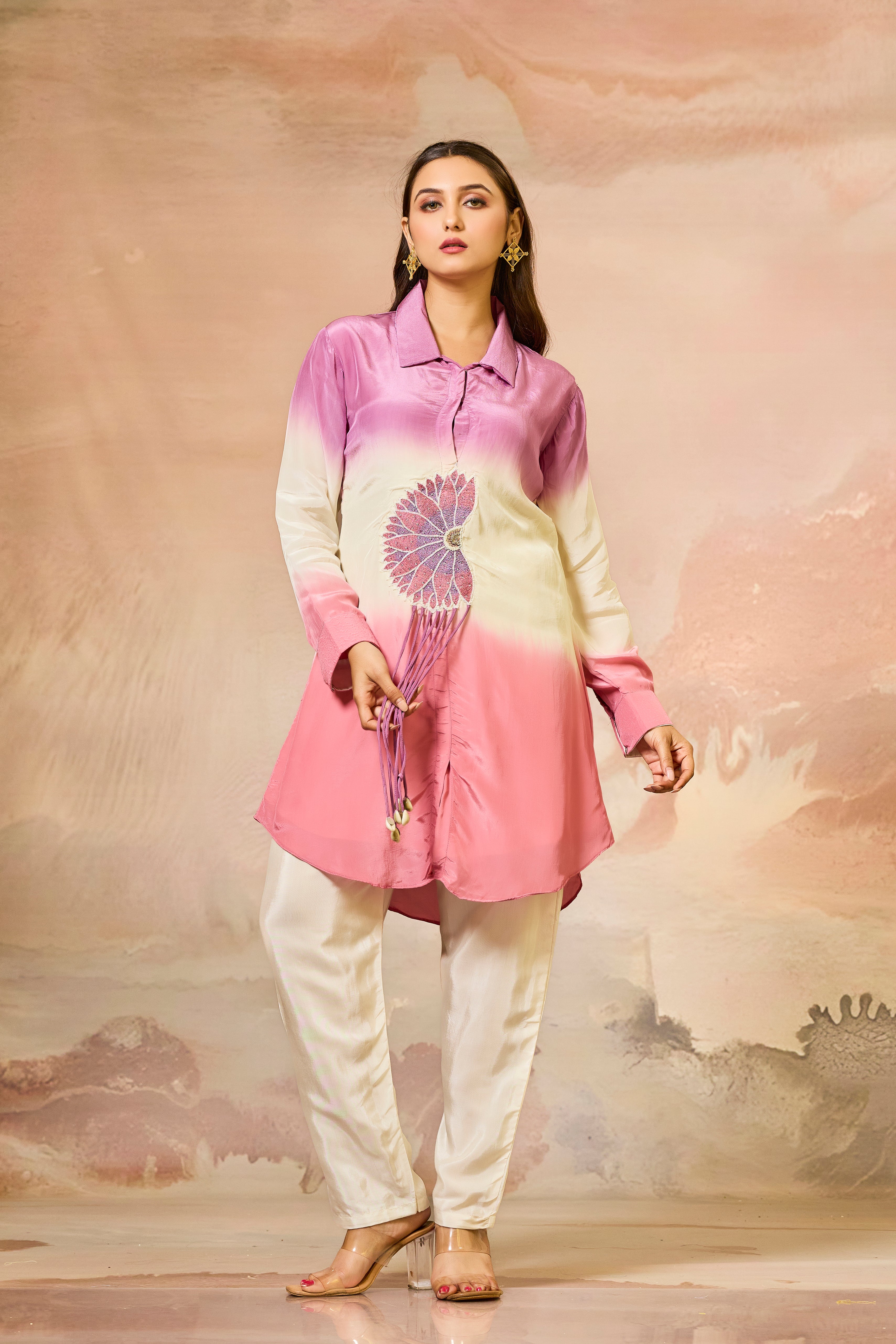 Pink Tricolor Crepe Silk Co-Ord Set