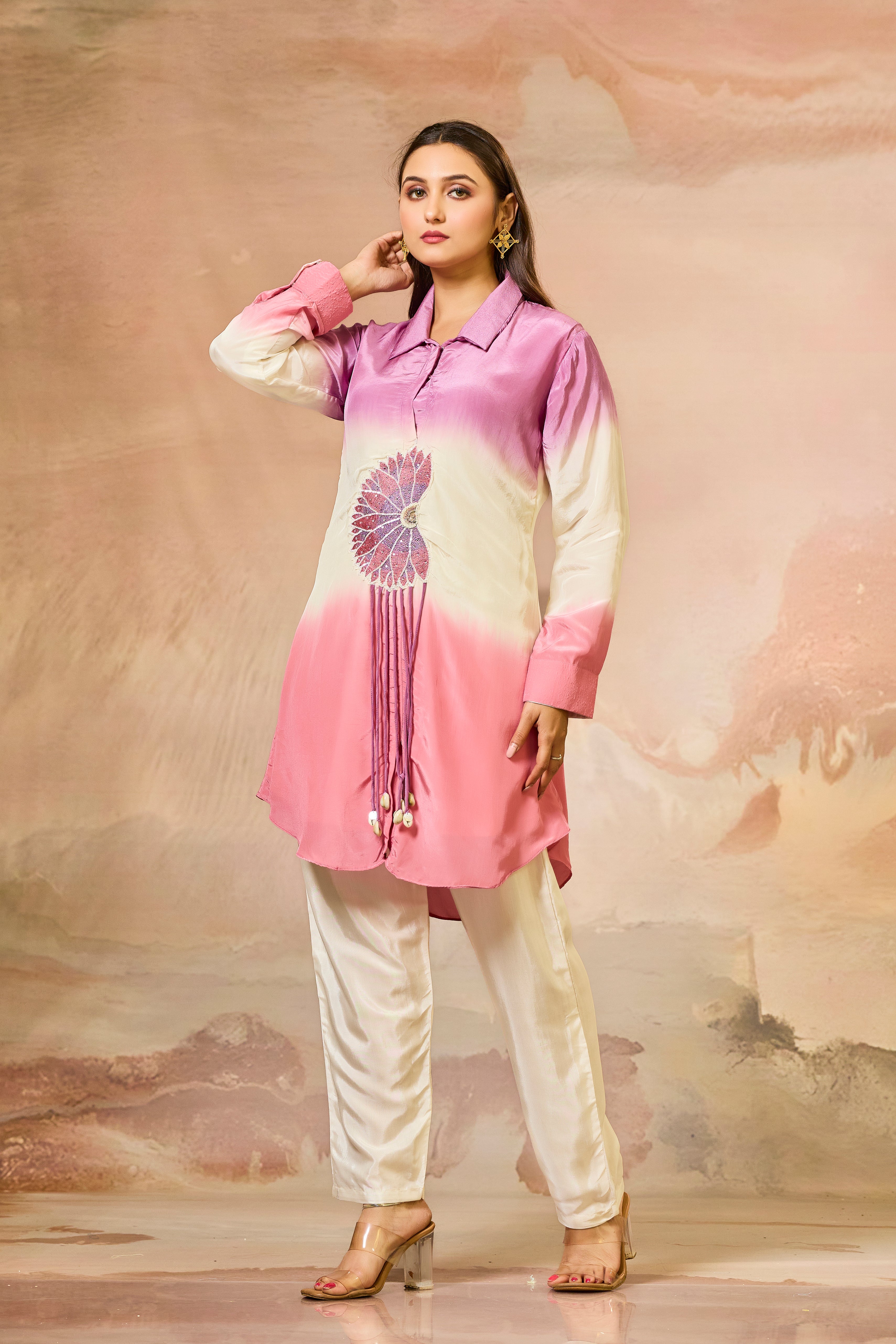 Pink Tricolor Crepe Silk Co-Ord Set
