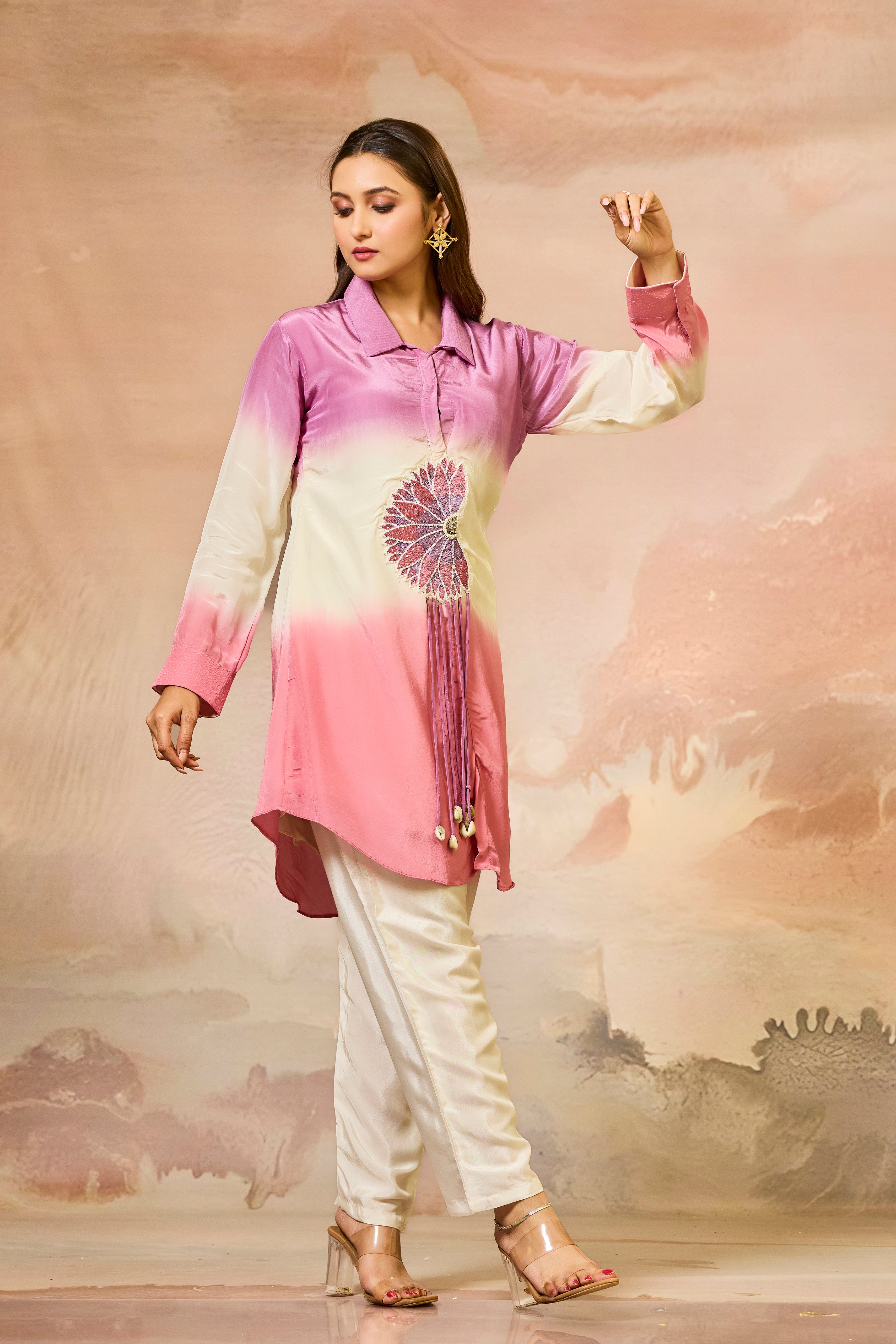 Pink Tricolor Crepe Silk Co-Ord Set