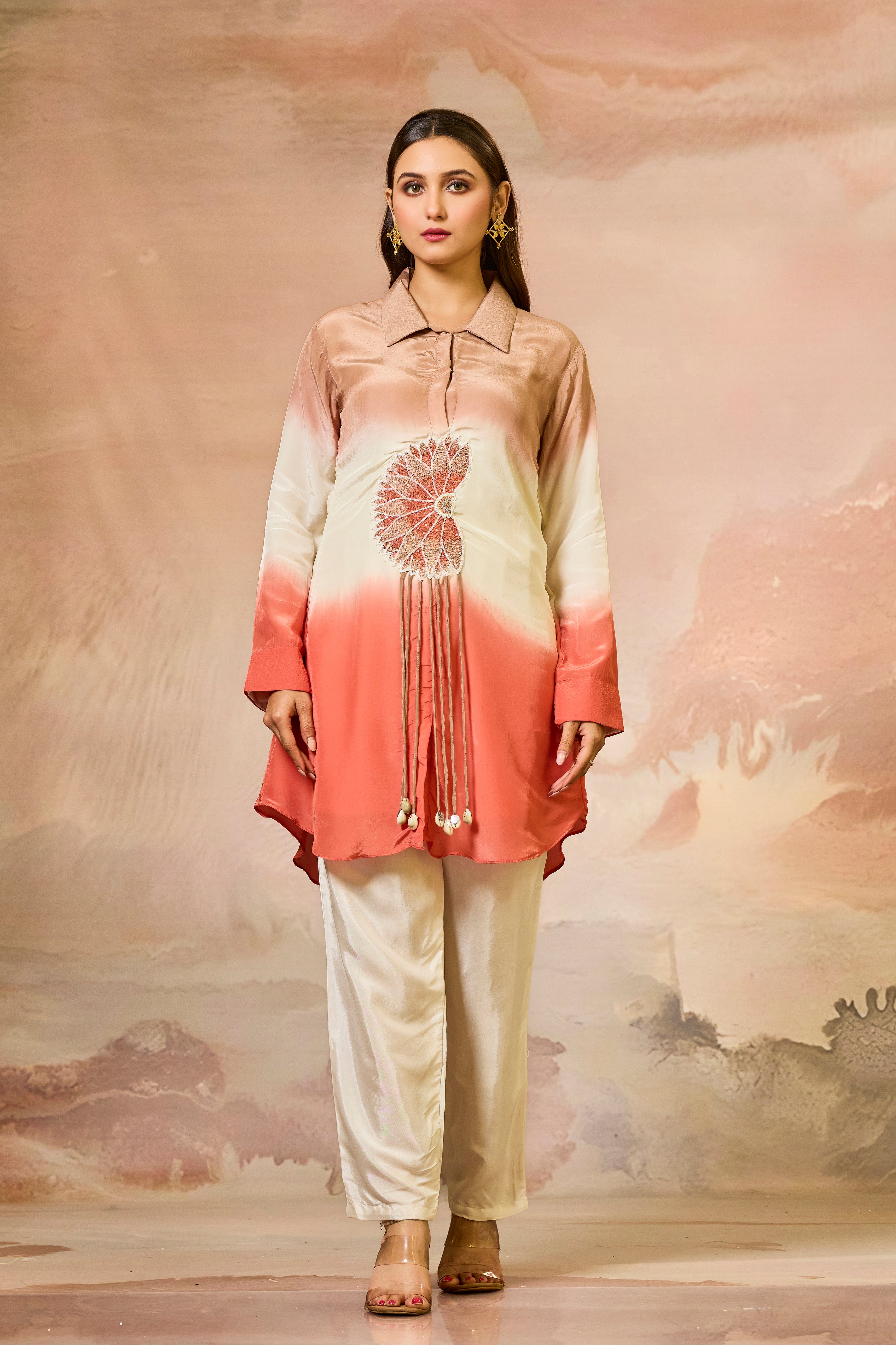 Red Tricolor Crepe Silk Co-Ord Set