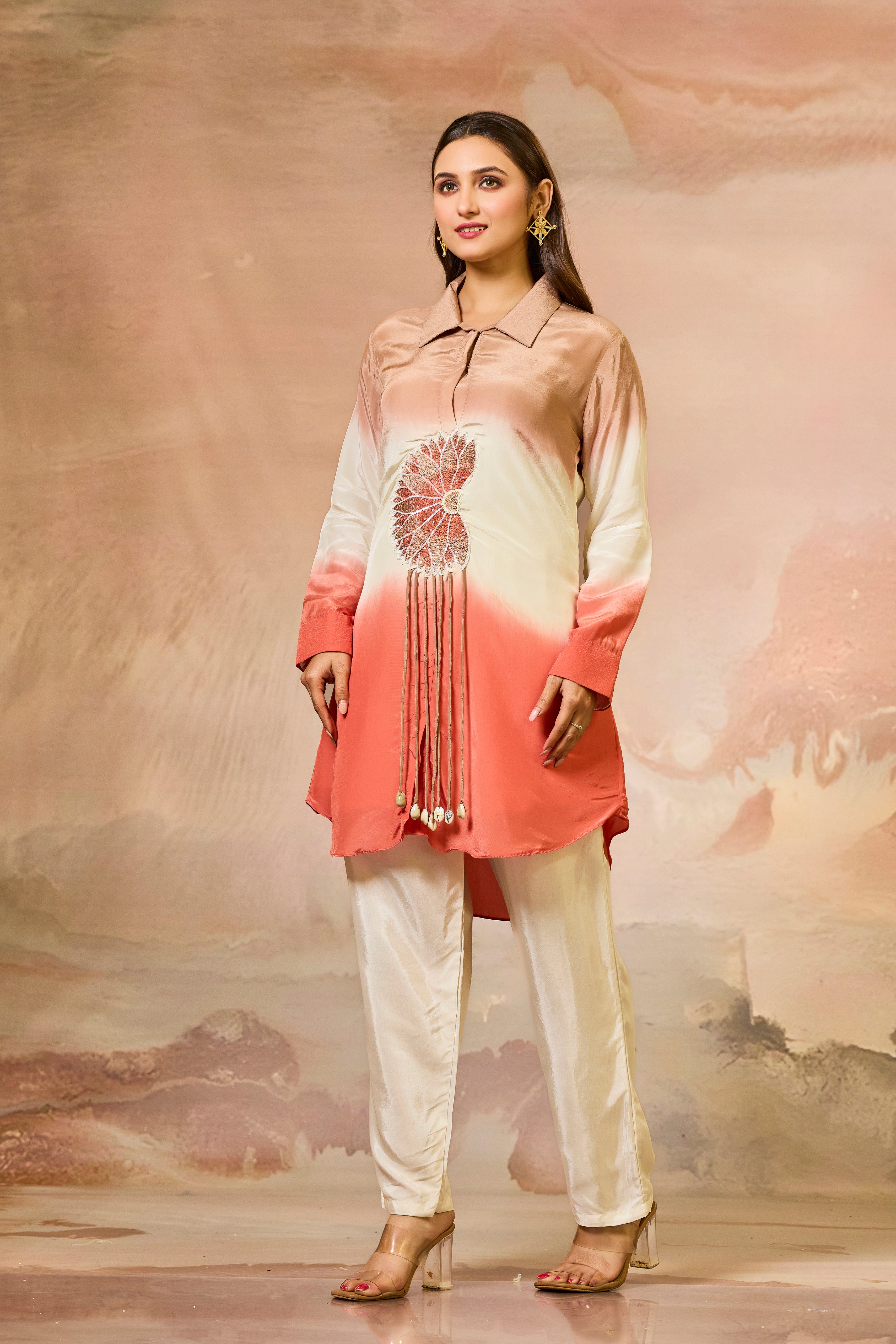 Red Tricolor Crepe Silk Co-Ord Set