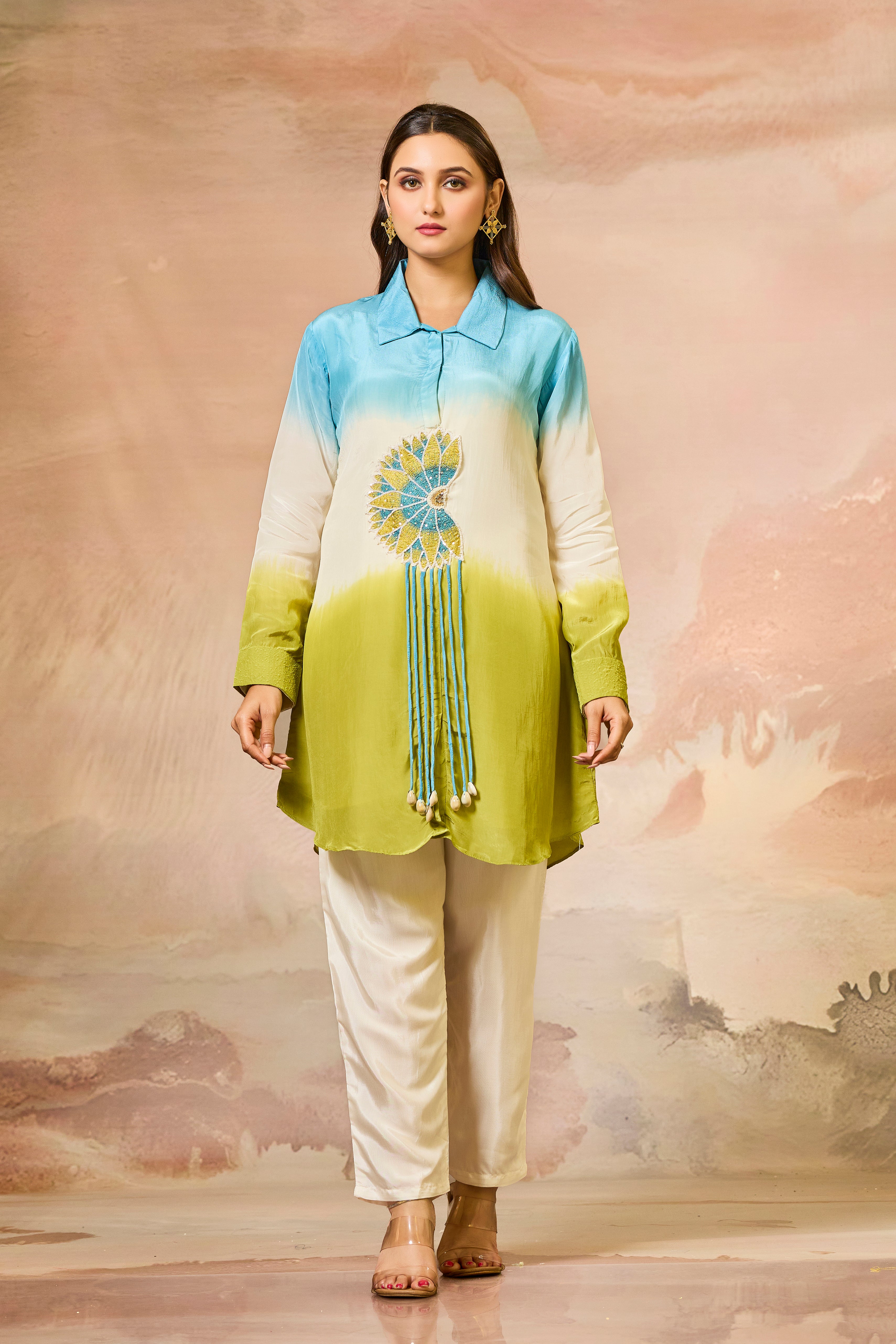 Blue Tricolor Crepe Silk Co-Ord Set