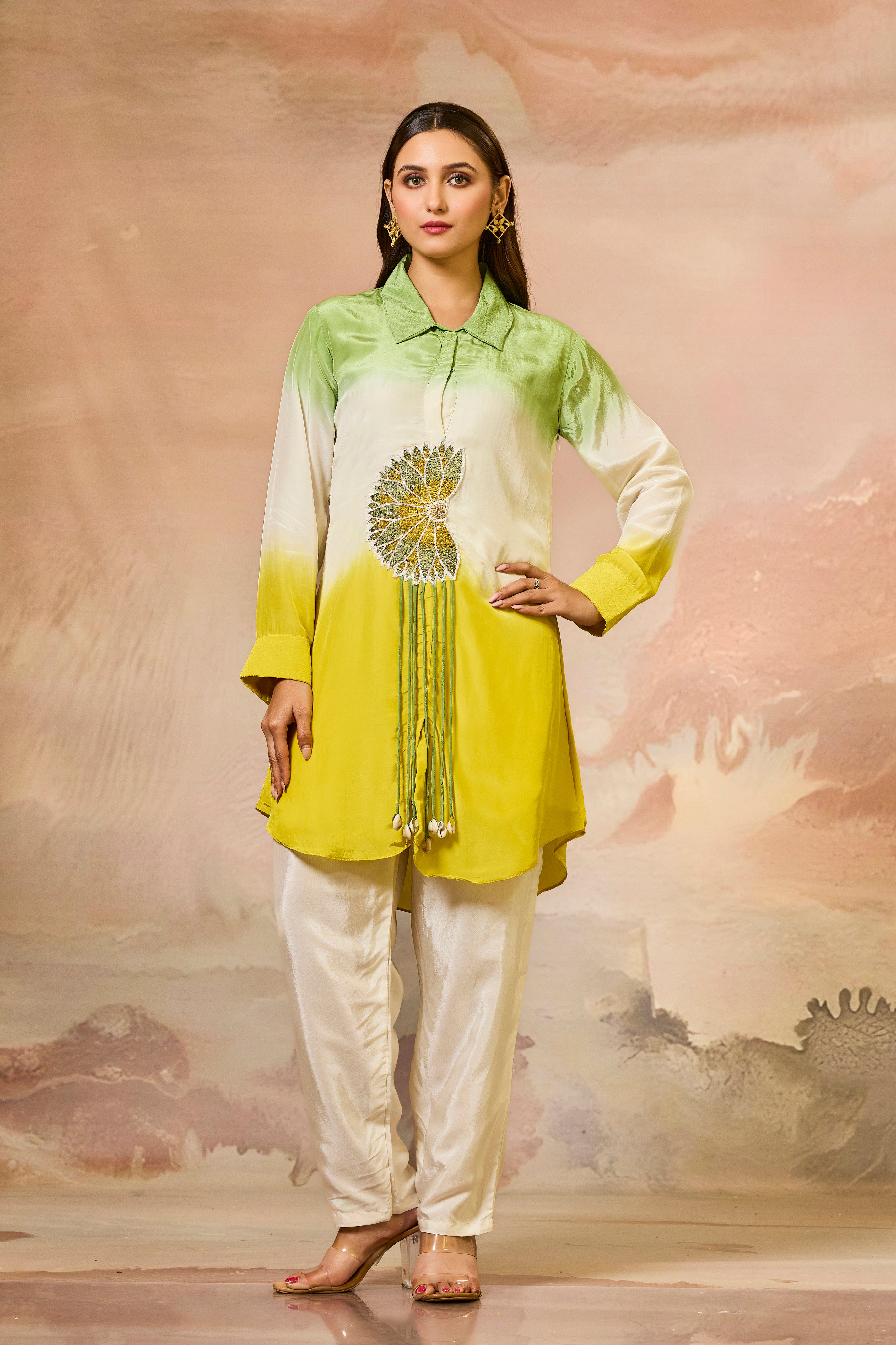 Green Tricolor Crepe Silk Co-Ord Set