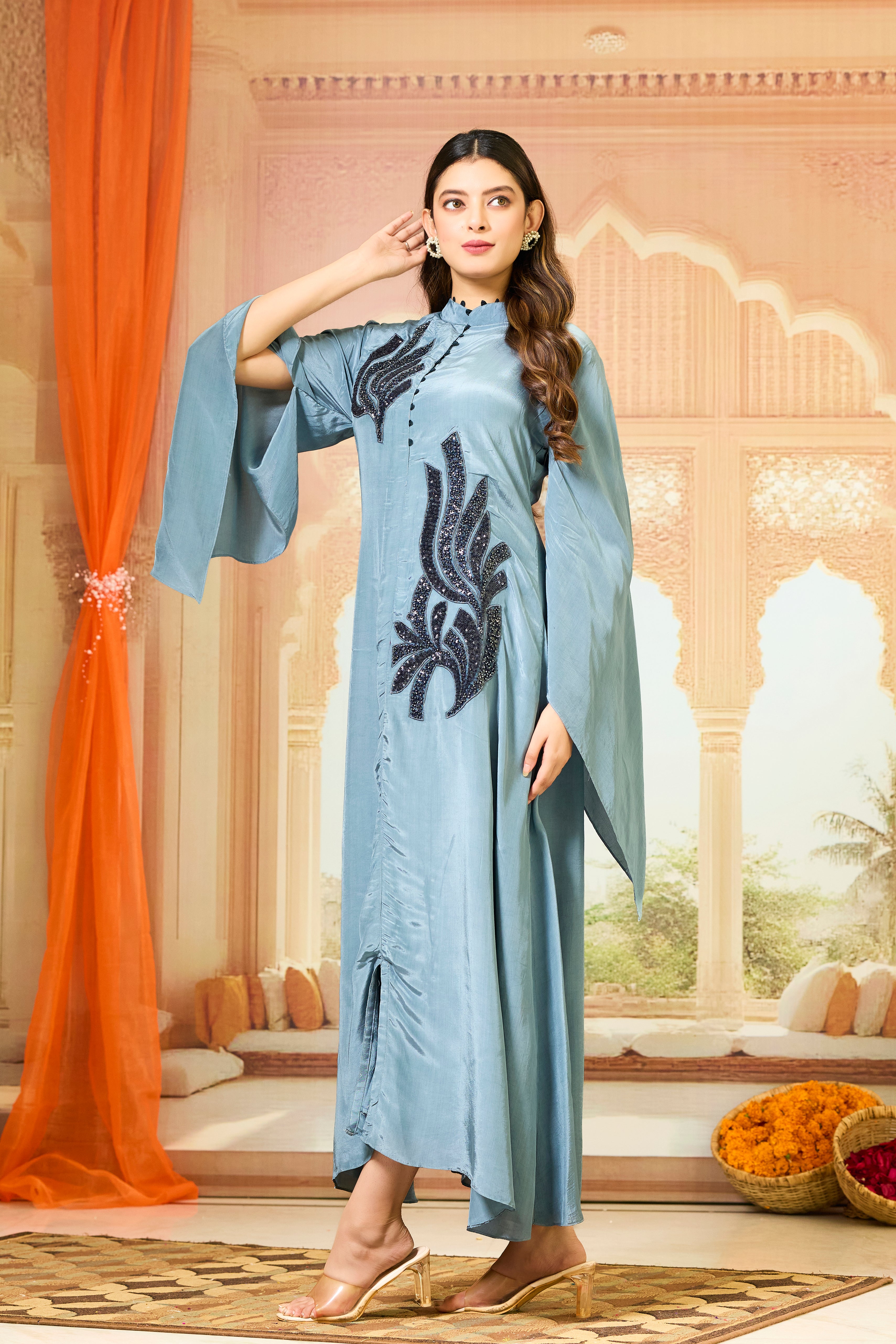 Teal Embellished Crepe Silk Dress