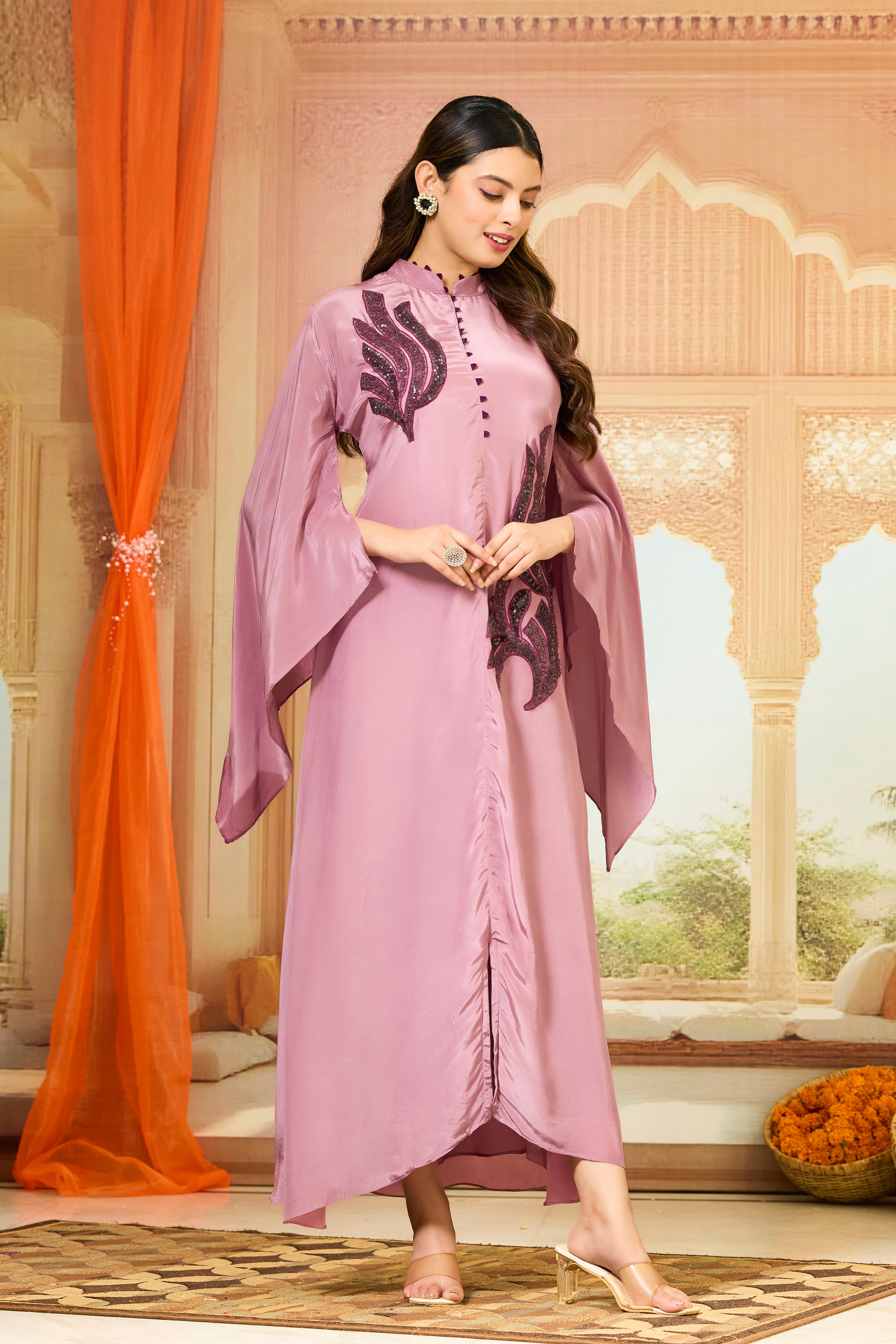 Pink Embellished Crepe Silk Dress