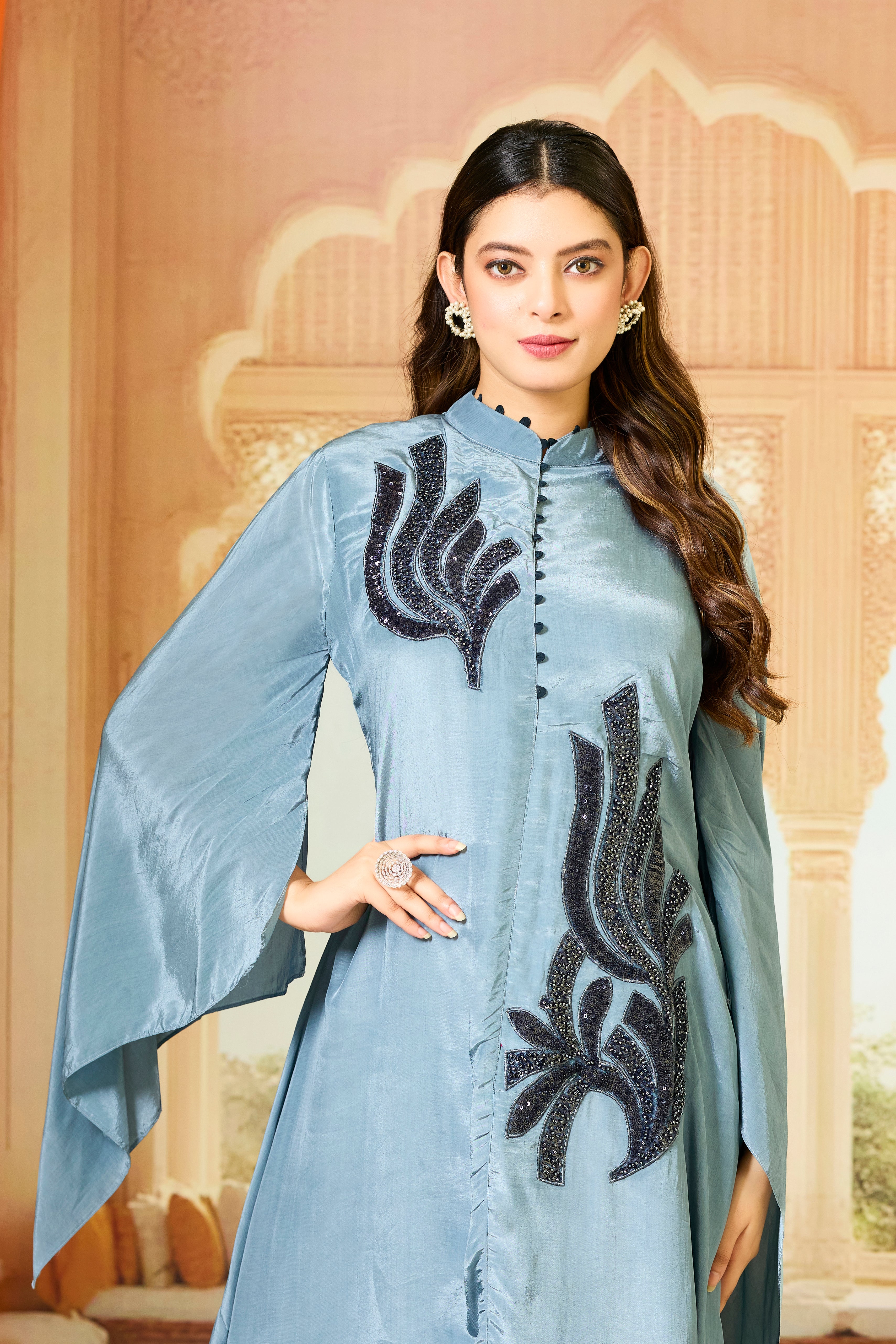 Teal Embellished Crepe Silk Dress