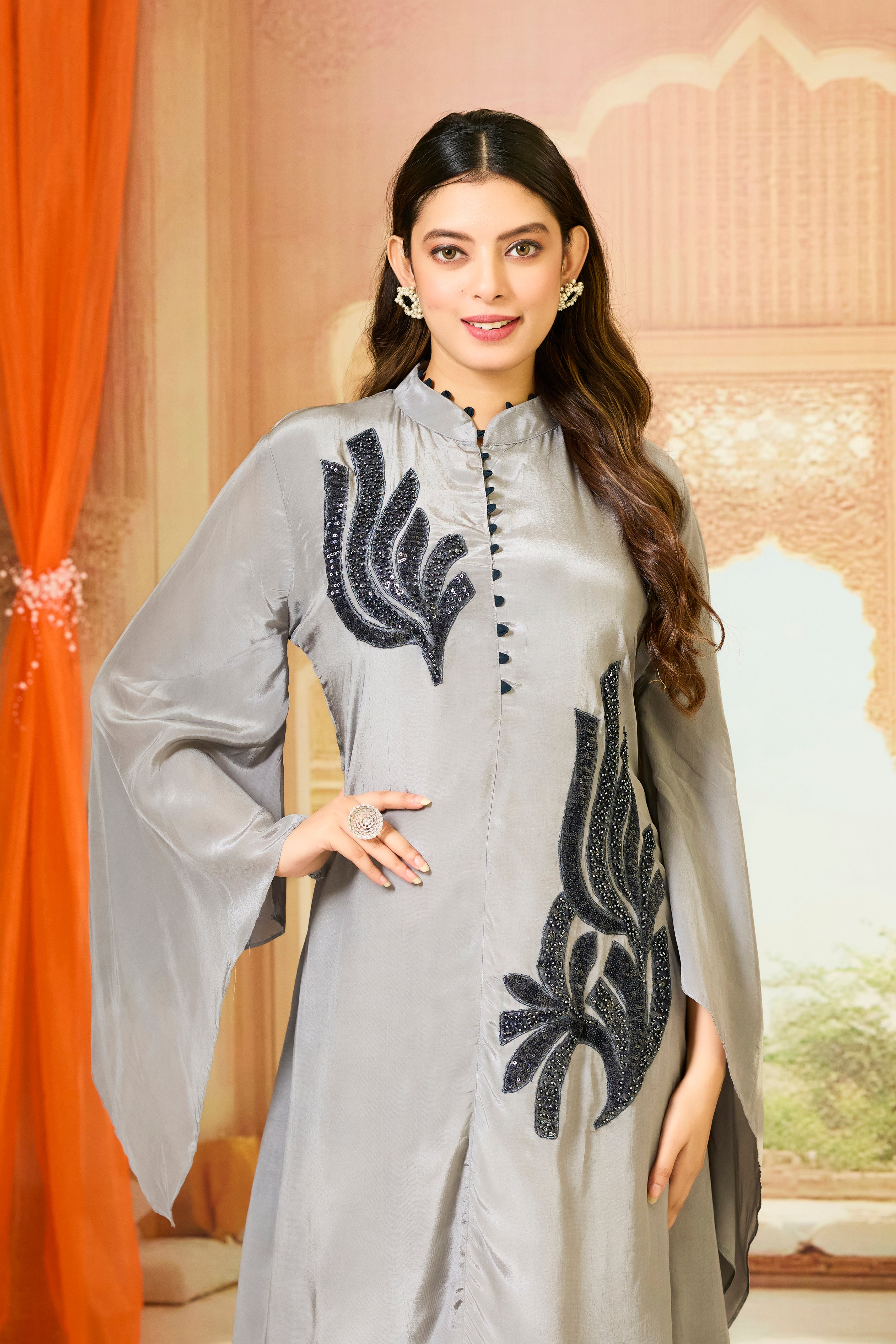 Grey Embellished Crepe Silk Dress