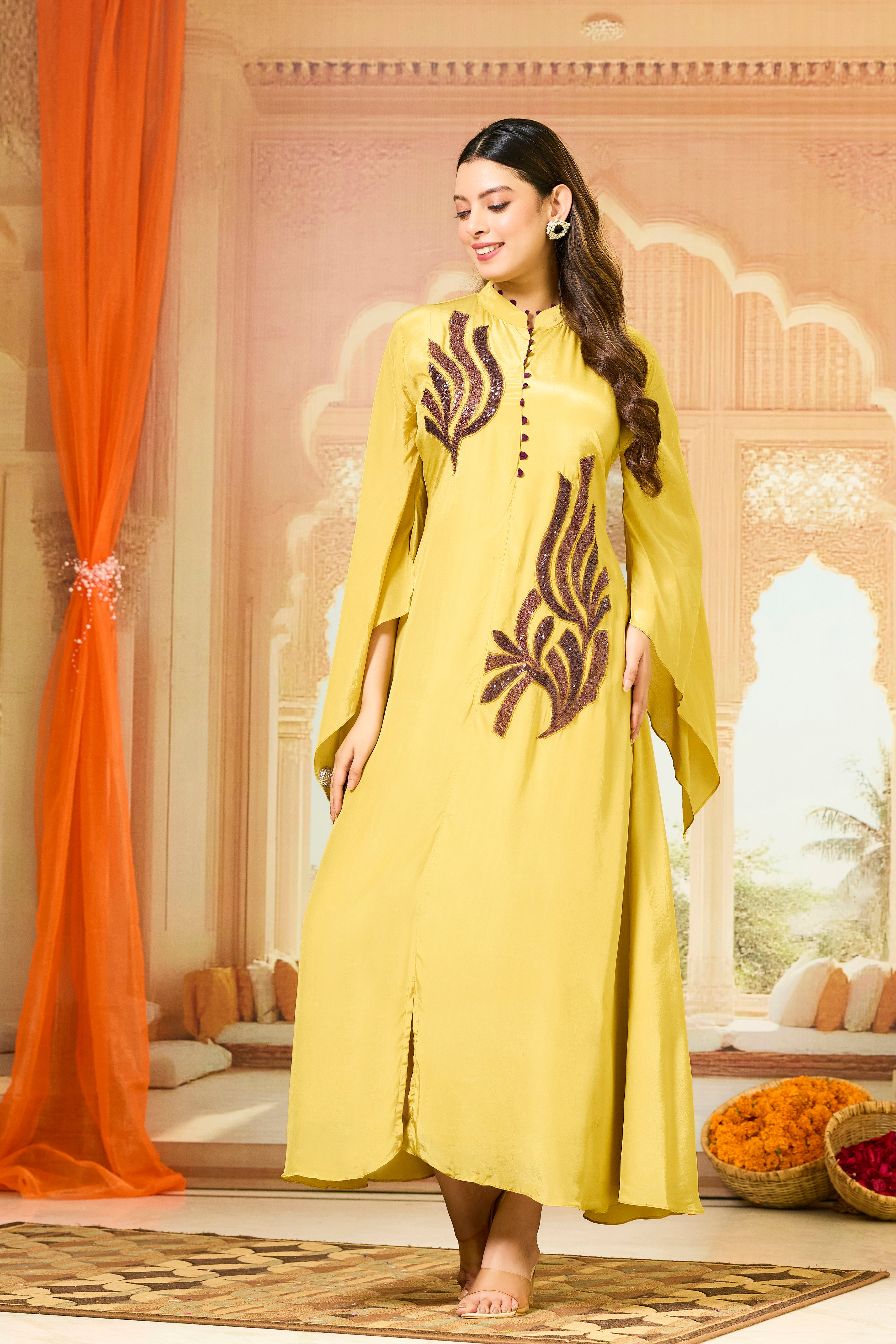 Yellow Embellished Crepe Silk Dress
