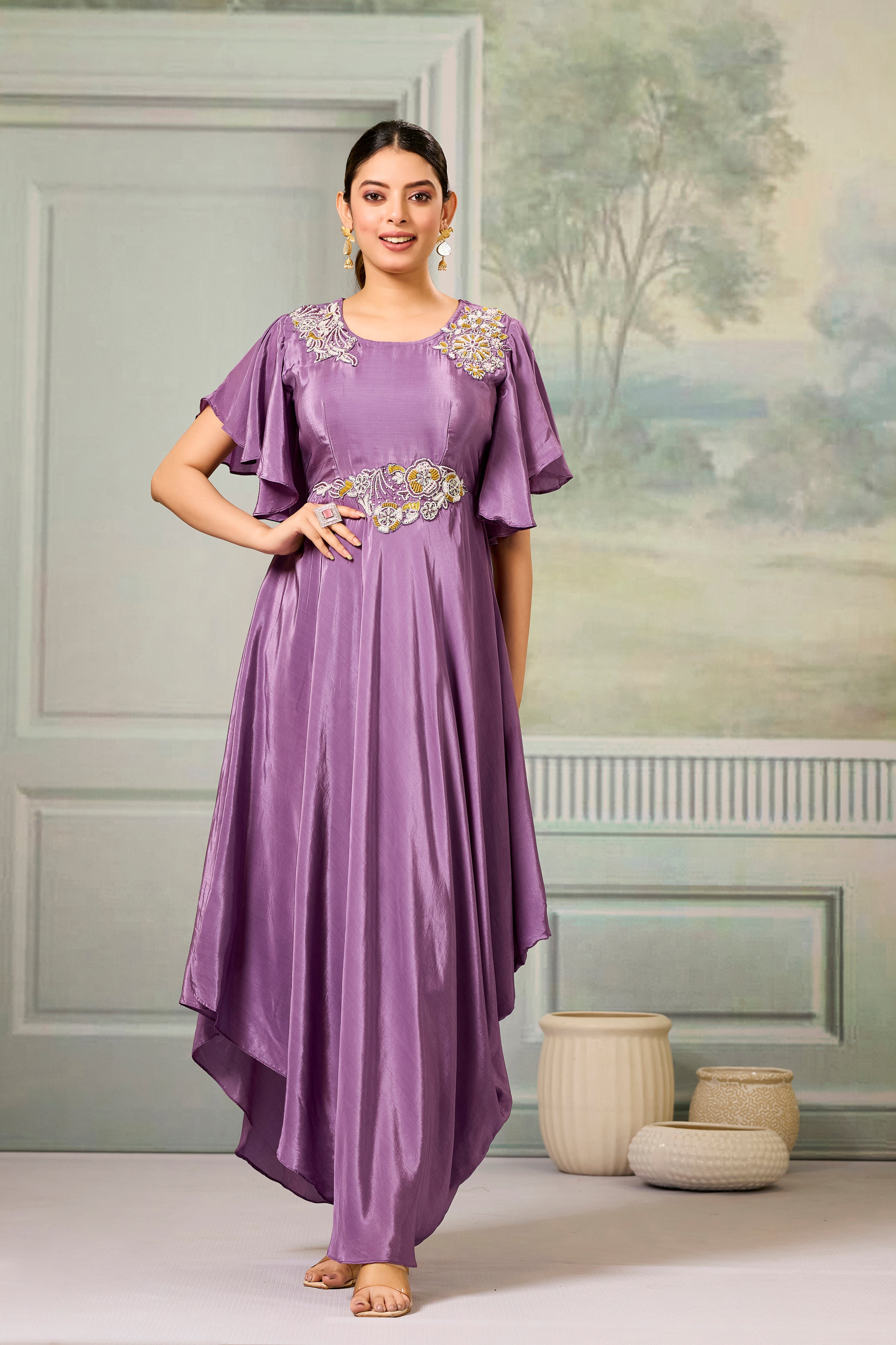 Lilac Embellished Chinon Silk Gown
