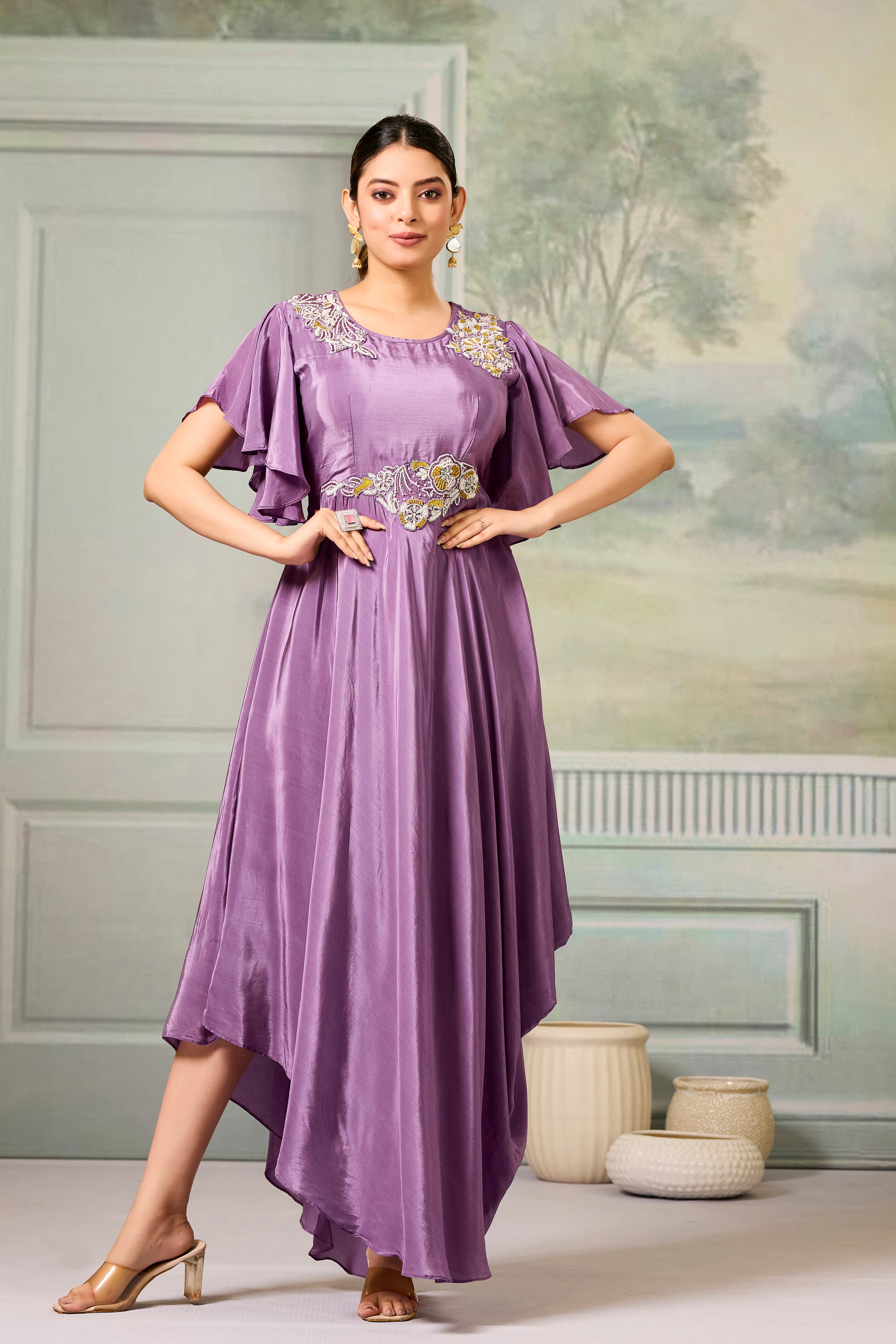 Lilac Embellished Chinon Silk Gown