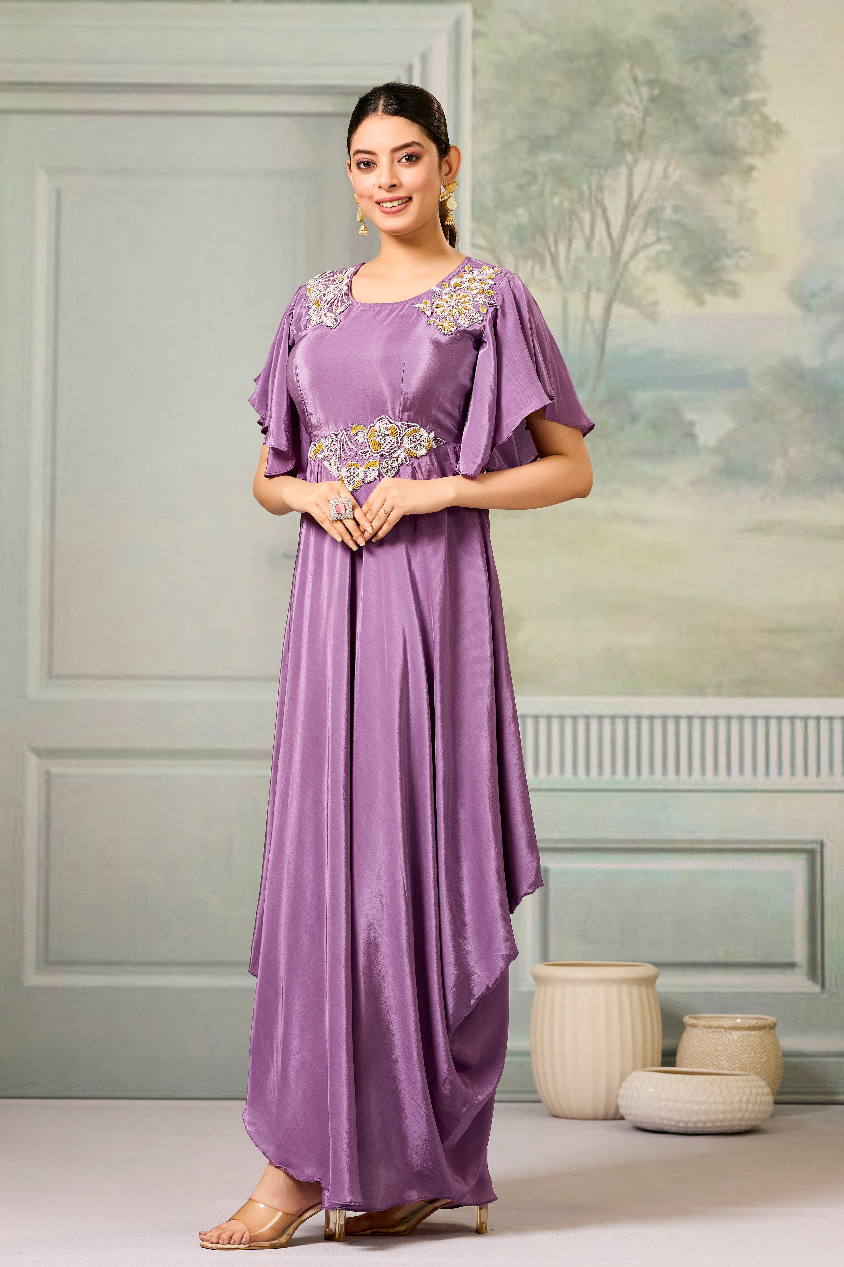 Lilac Embellished Chinon Silk Gown