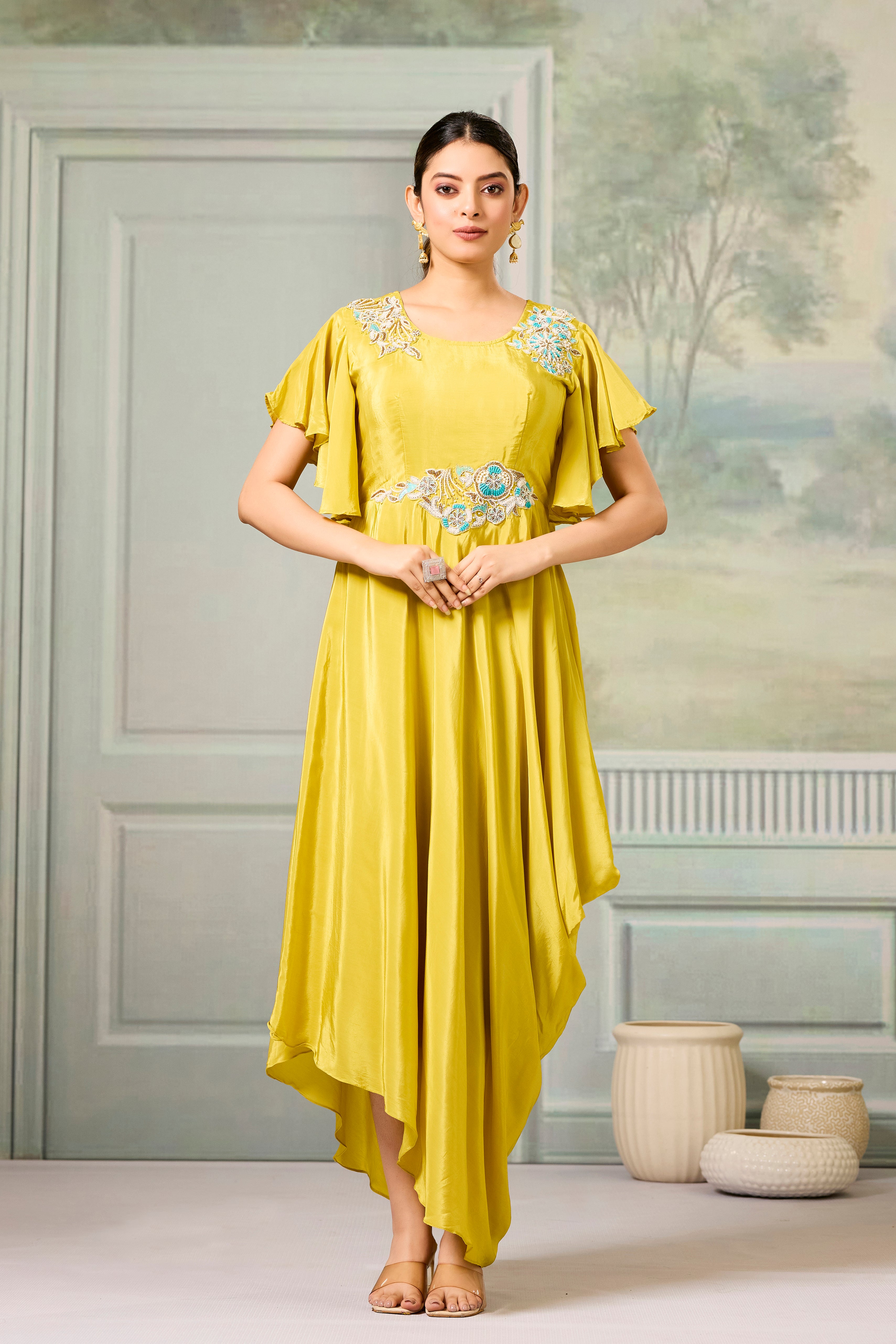 Yellow Embellished Chinon Silk Gown