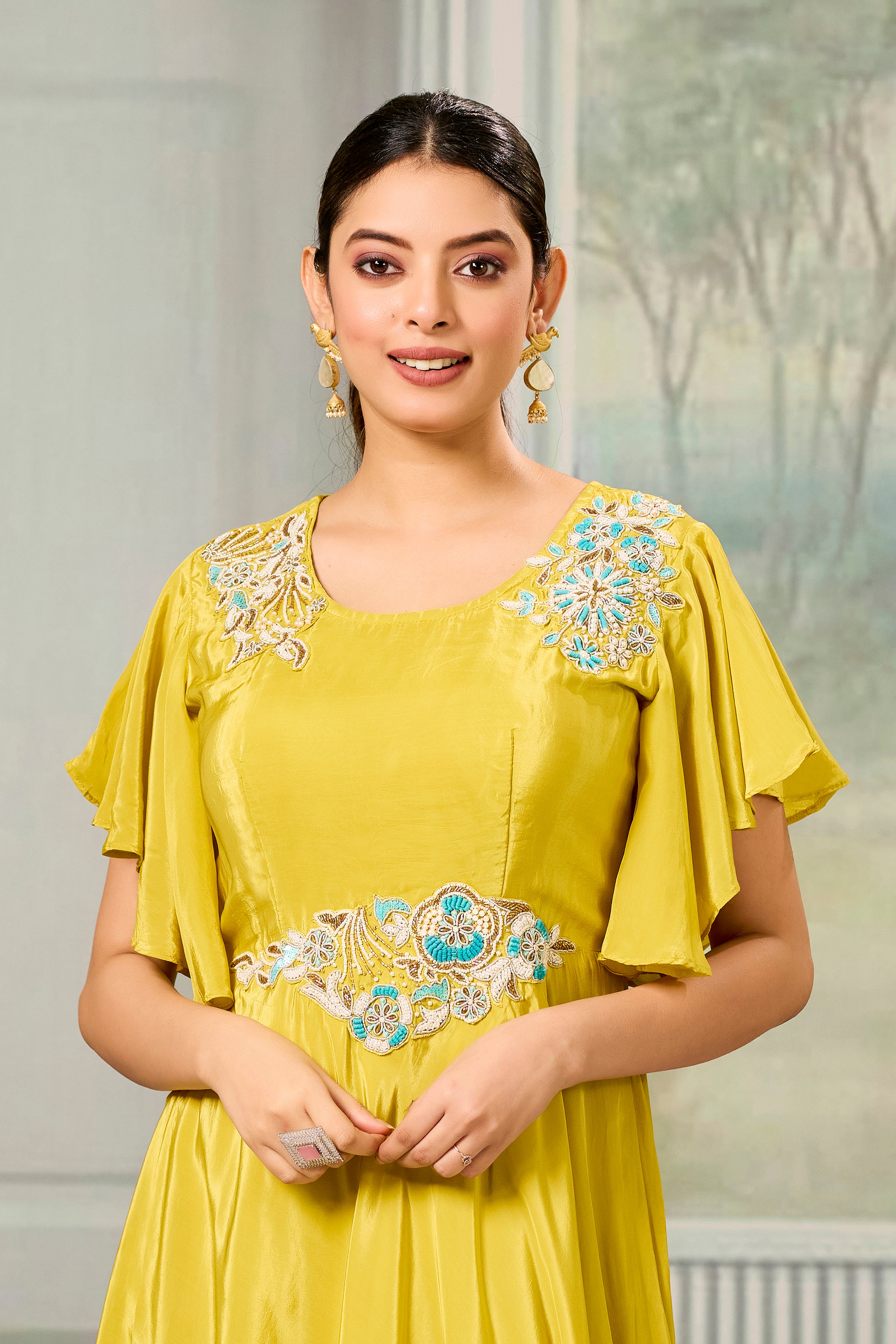Yellow Embellished Chinon Silk Gown