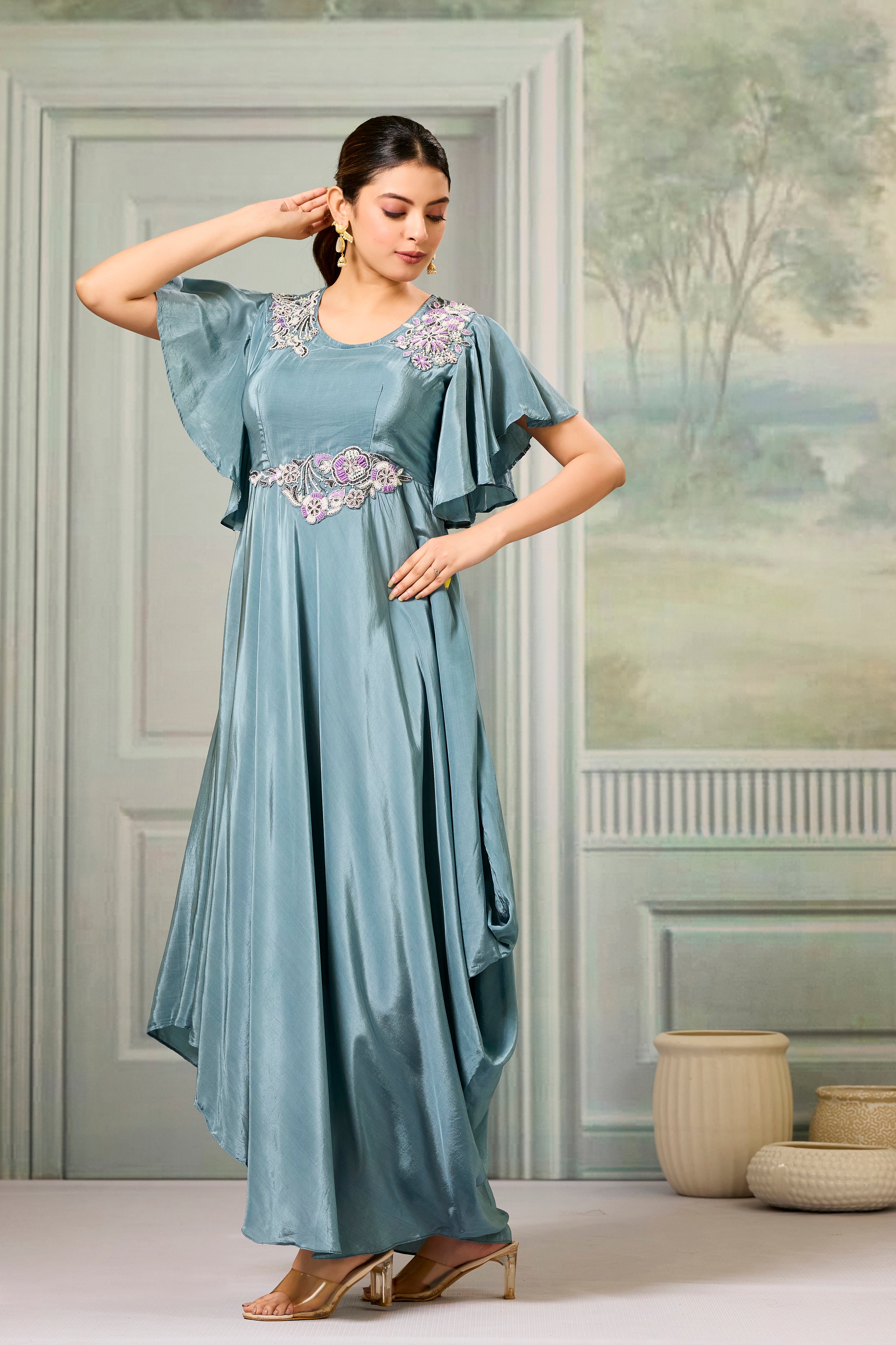 Teal Embellished Chinon Silk Gown