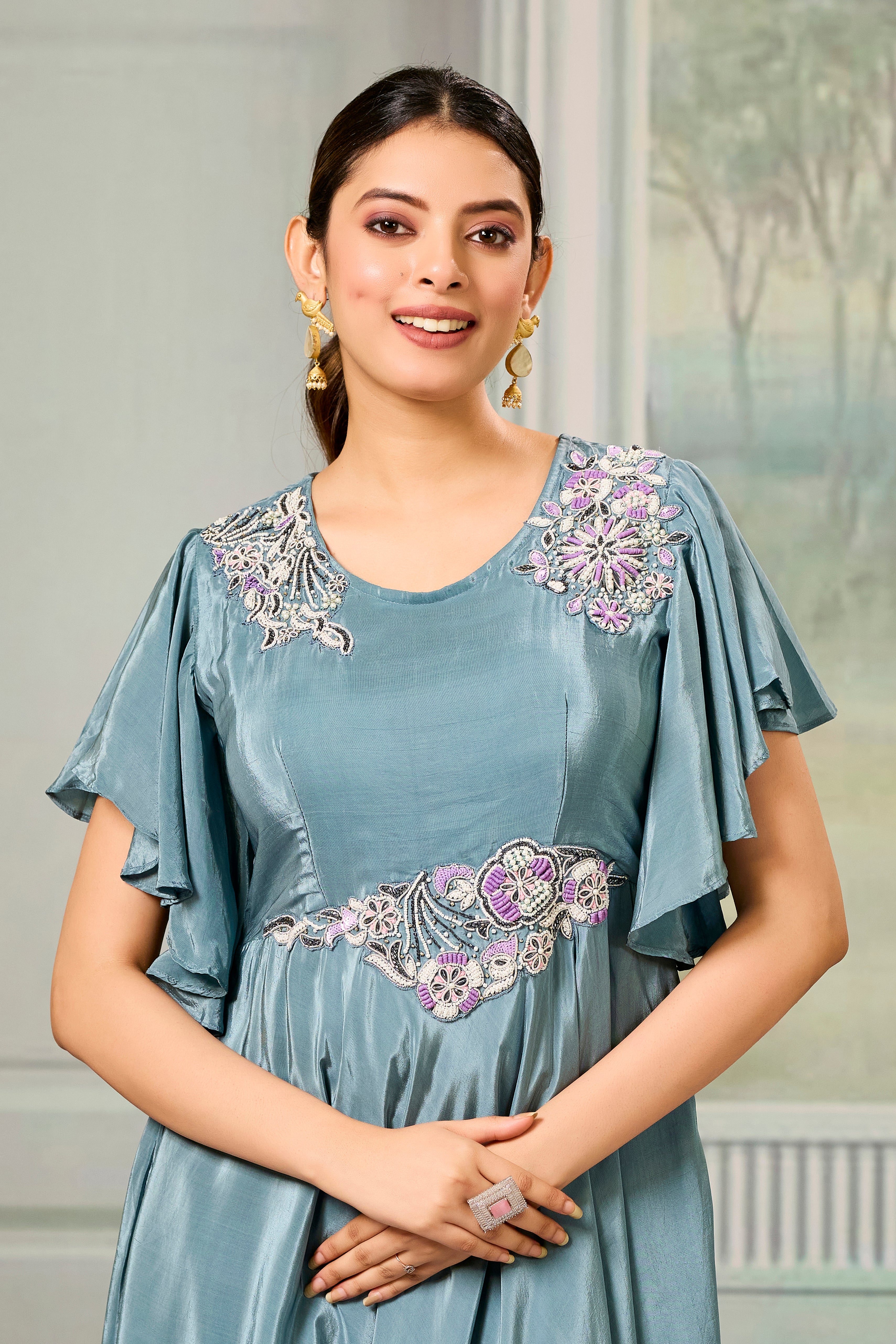 Teal Embellished Chinon Silk Gown