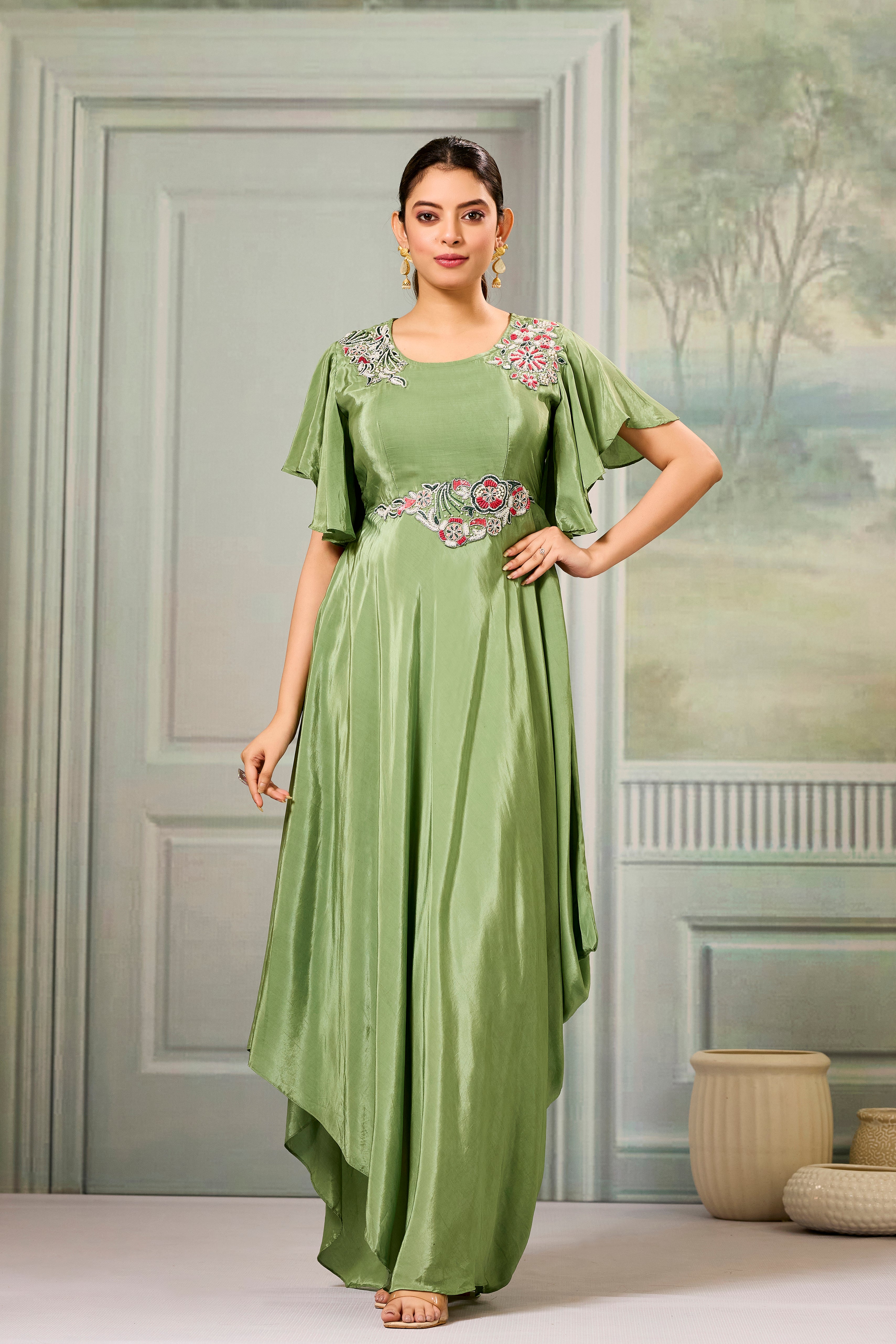 Green Embellished Chinon Silk Gown