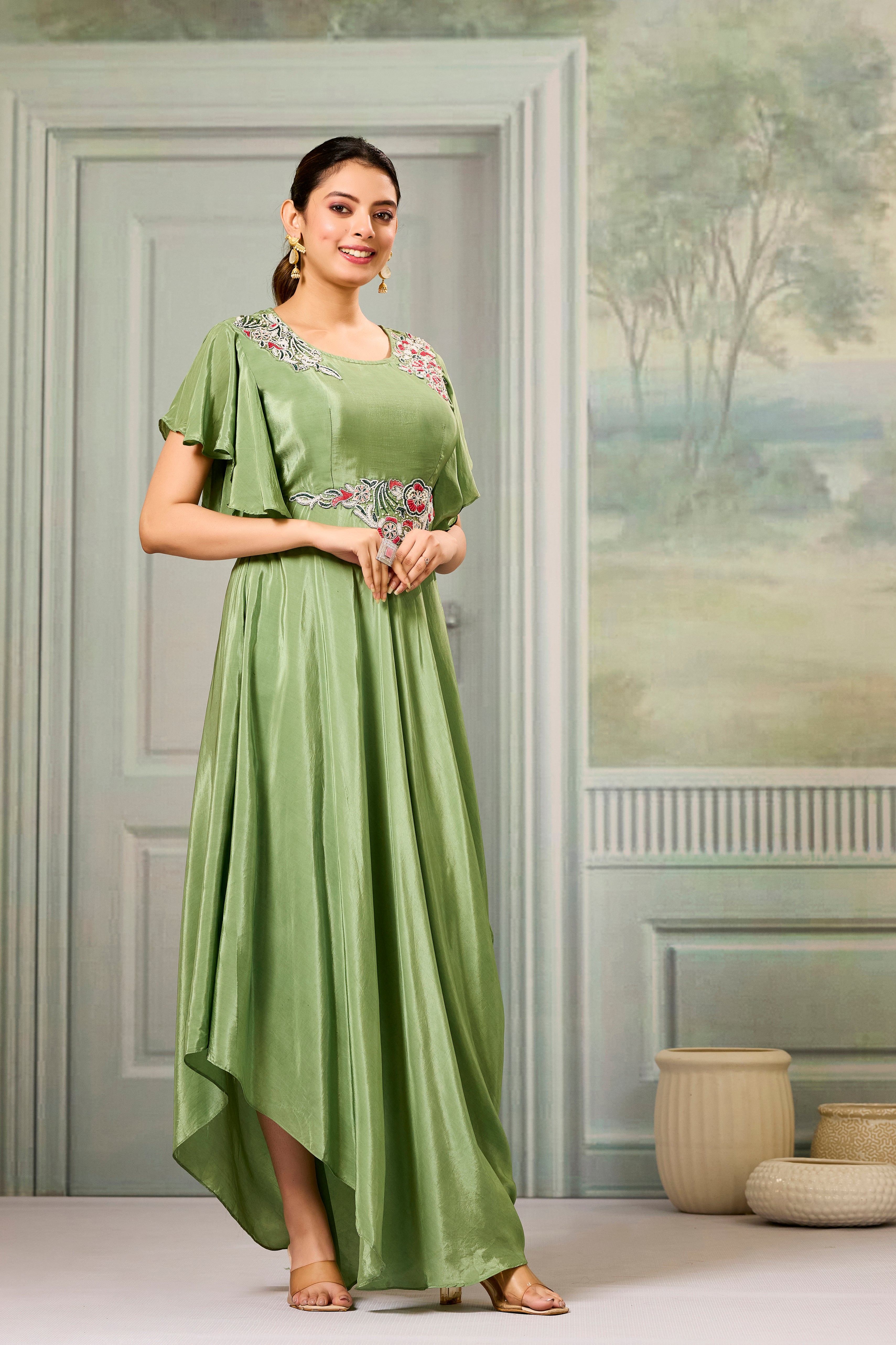 Green Embellished Chinon Silk Gown