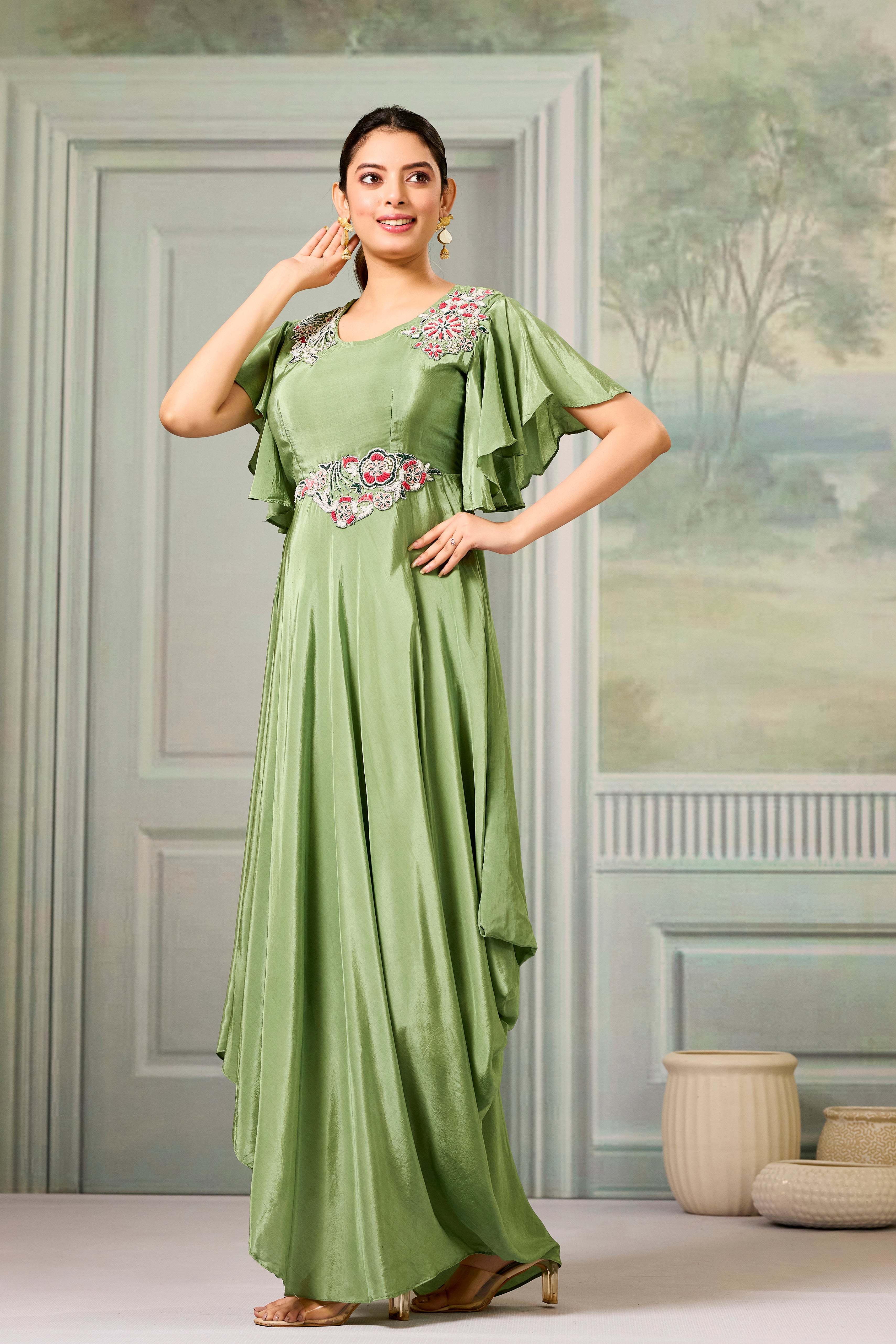Green Embellished Chinon Silk Gown