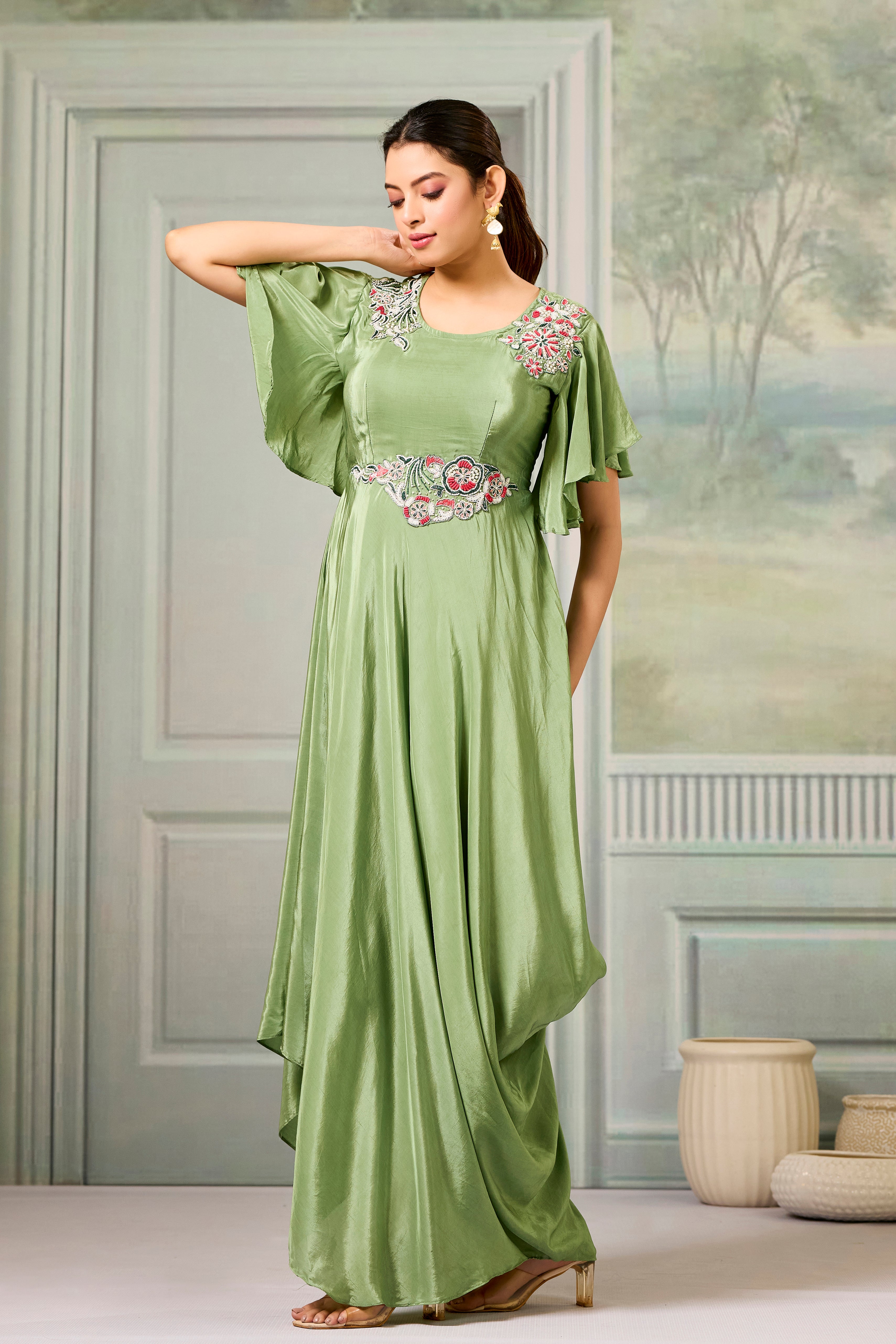 Green Embellished Chinon Silk Gown