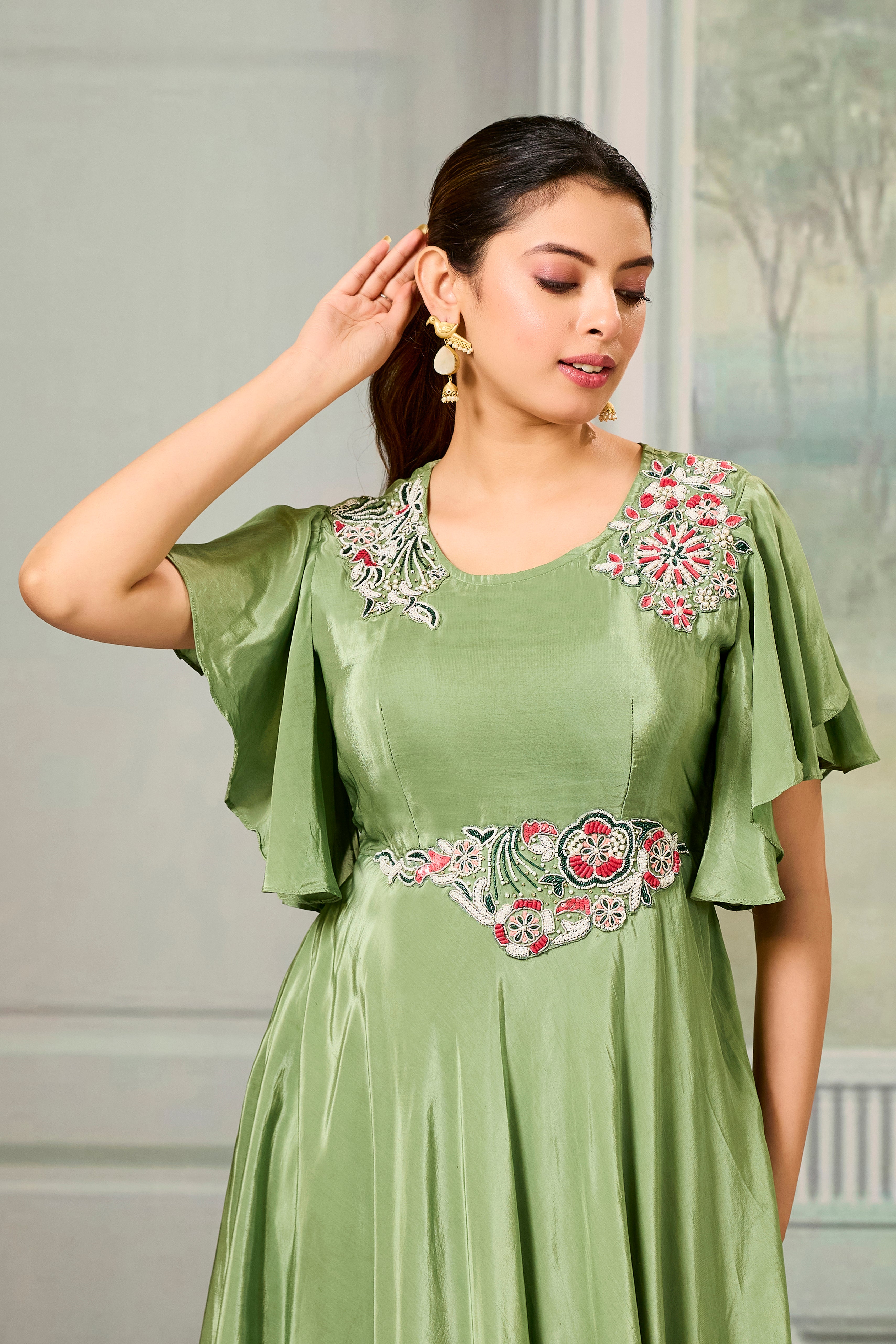 Green Embellished Chinon Silk Gown