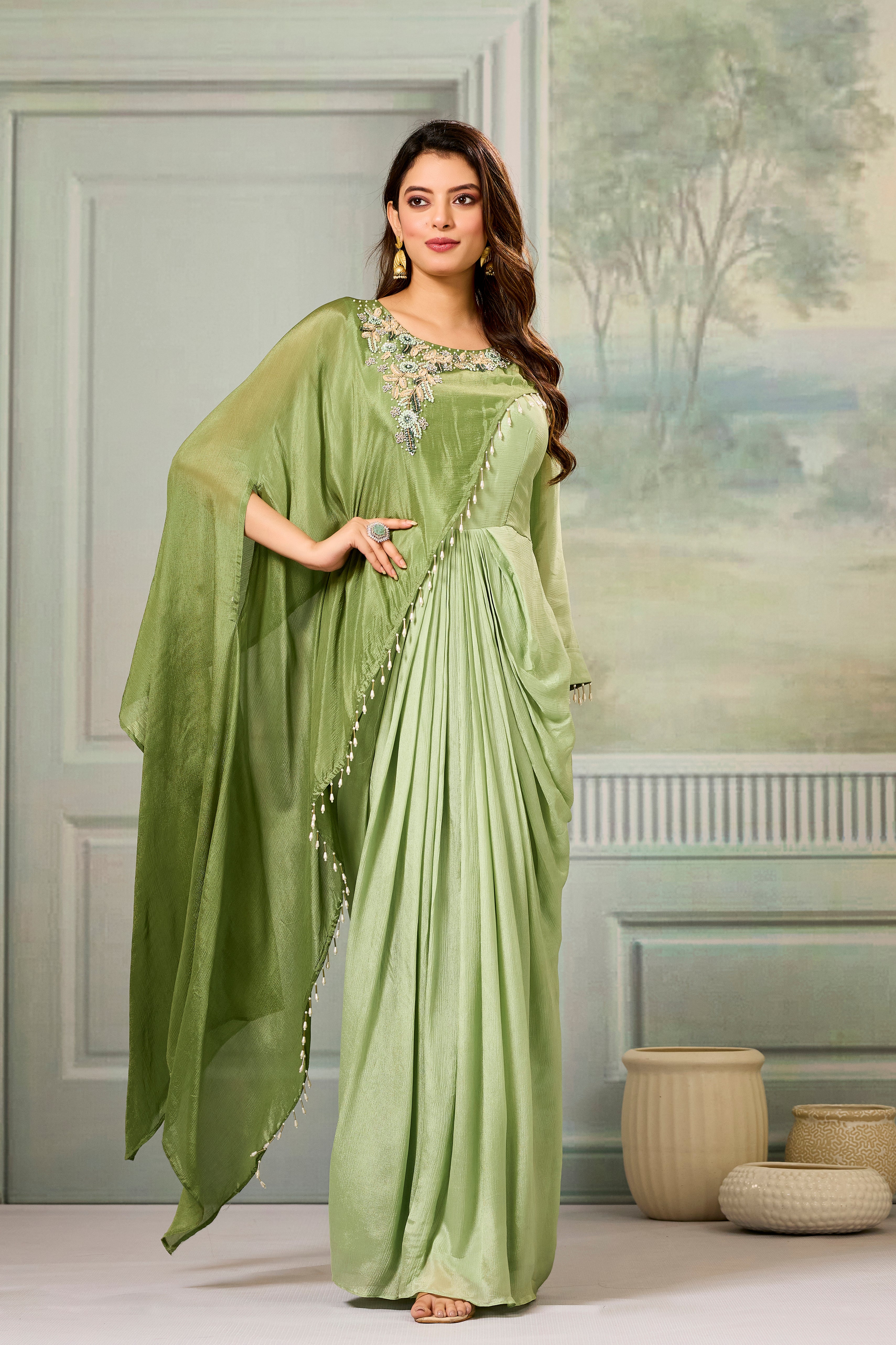 Dark-Light Green Embellished Chinon Silk Gown