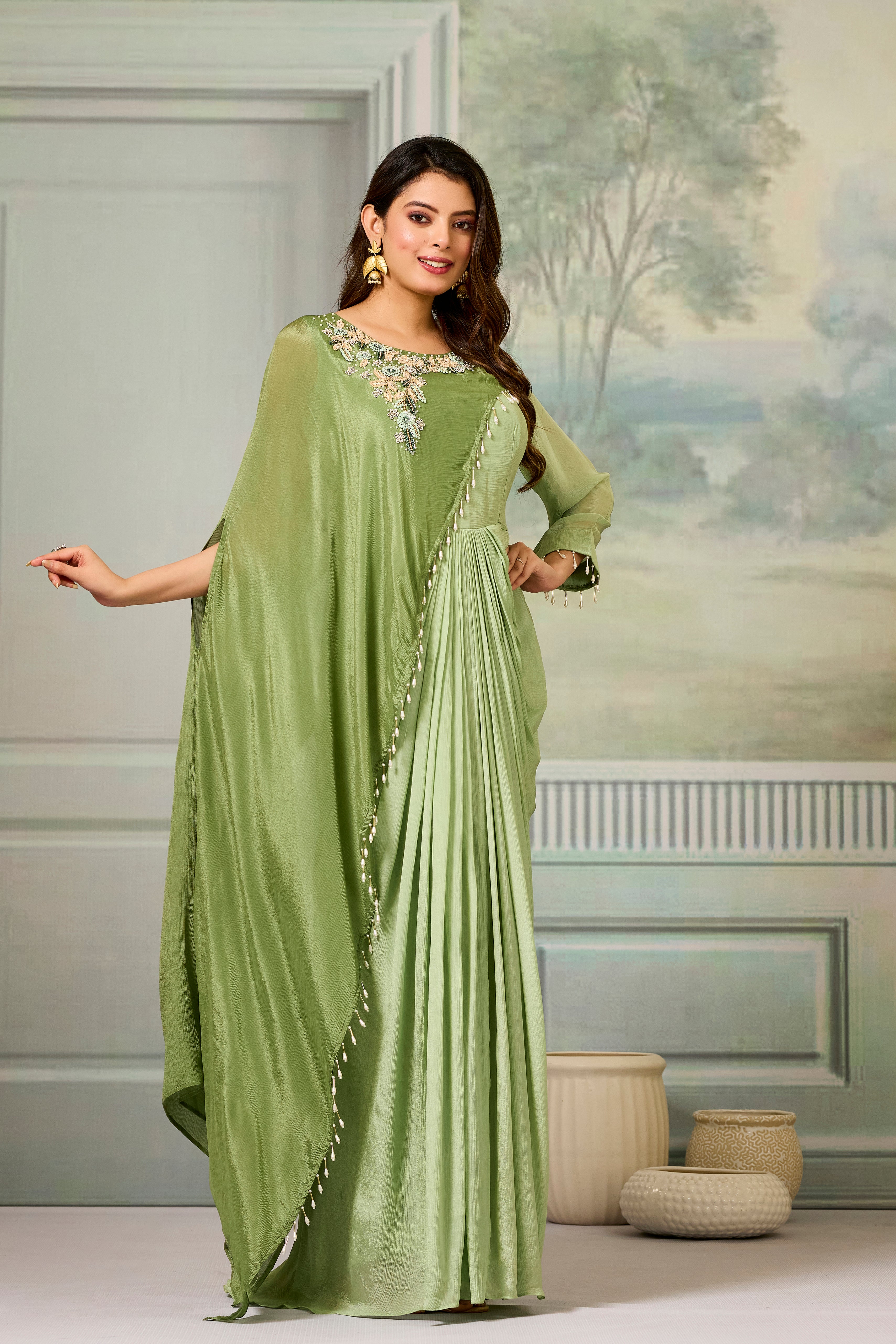 Dark-Light Green Embellished Chinon Silk Gown