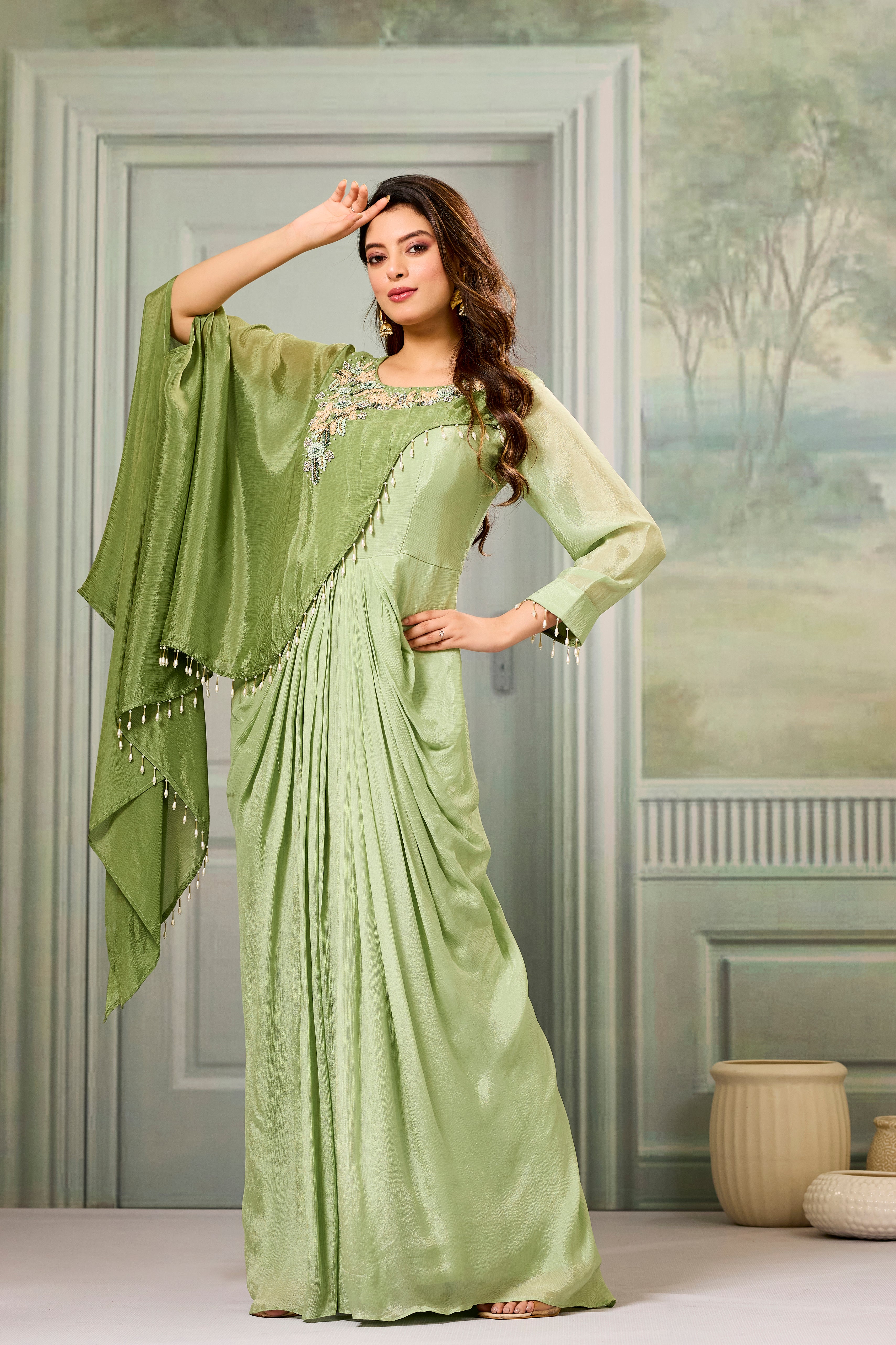 Dark-Light Green Embellished Chinon Silk Gown