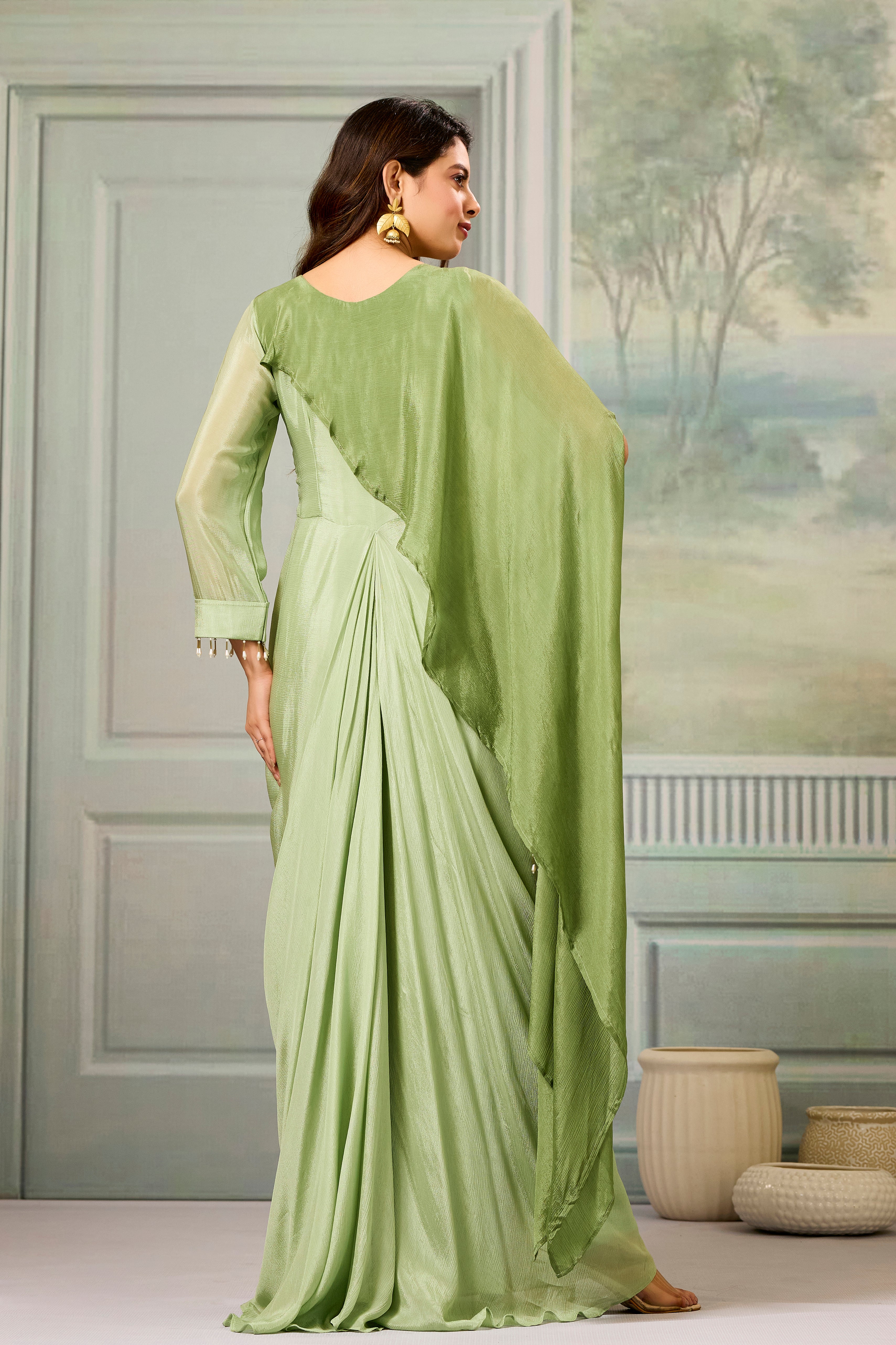 Dark-Light Green Embellished Chinon Silk Gown