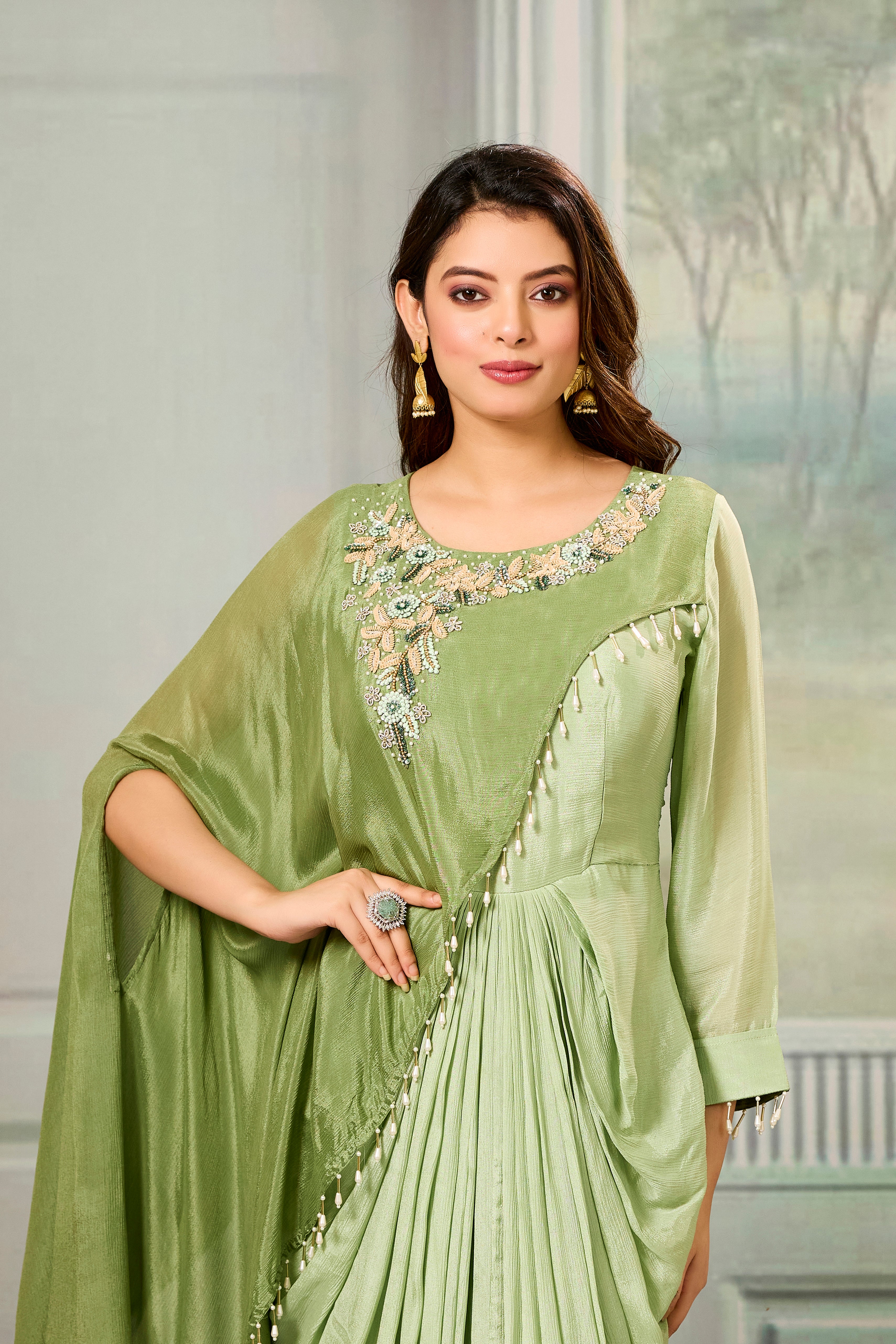 Dark-Light Green Embellished Chinon Silk Gown