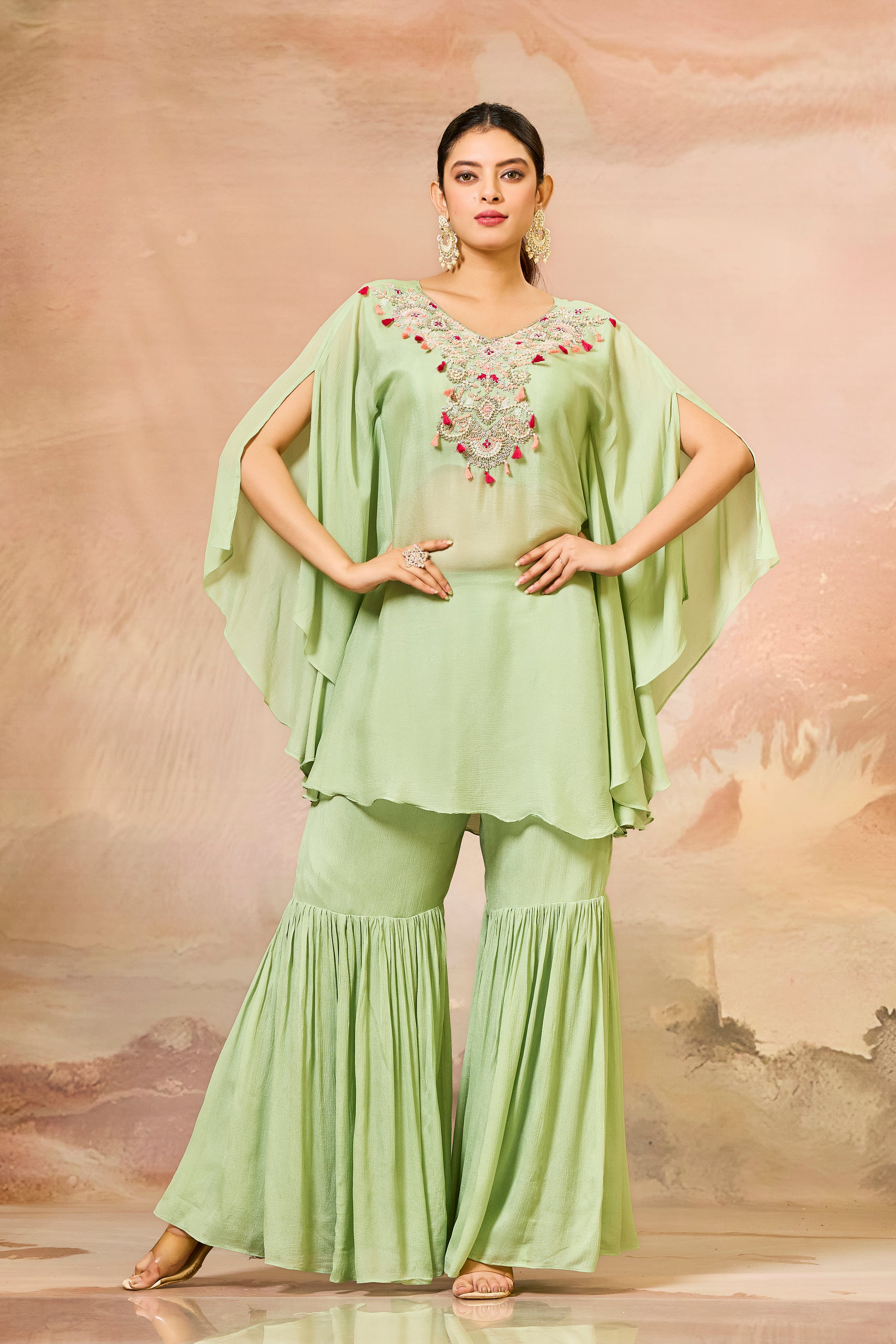 Green Handwork Chinon Silk Sharara Set