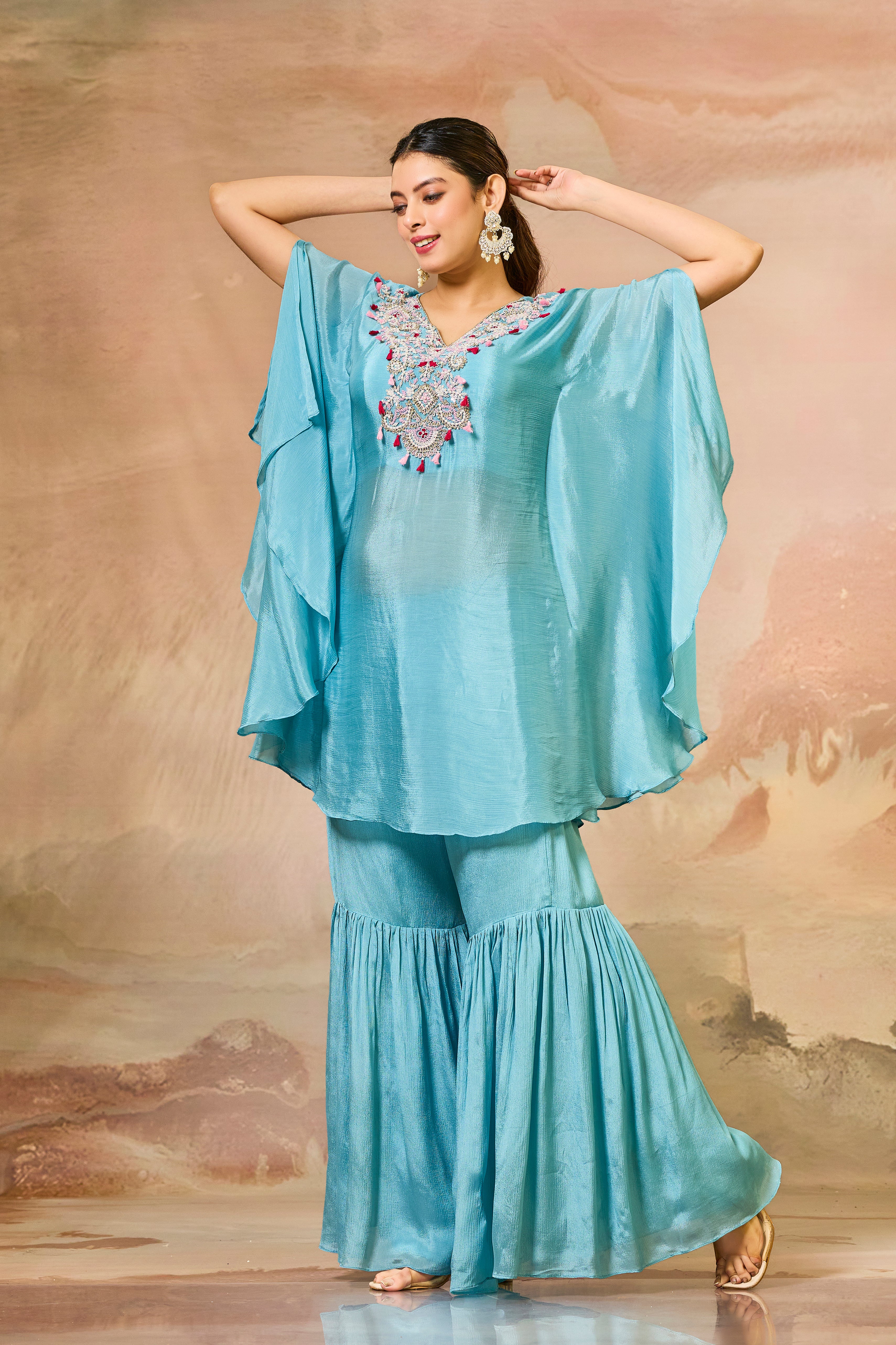 Blue Handwork Chinon Silk Sharara Set