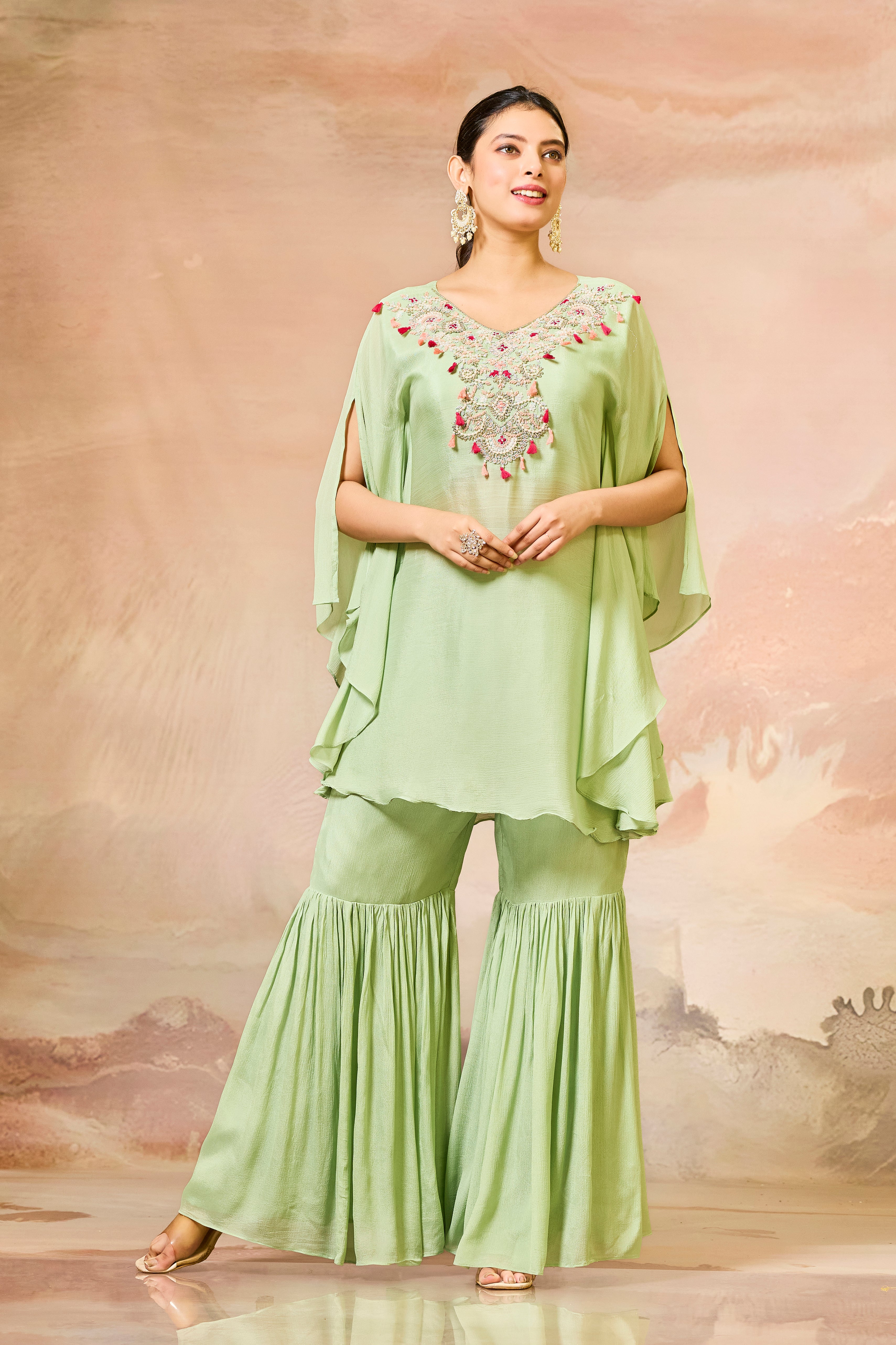 Green Handwork Chinon Silk Sharara Set