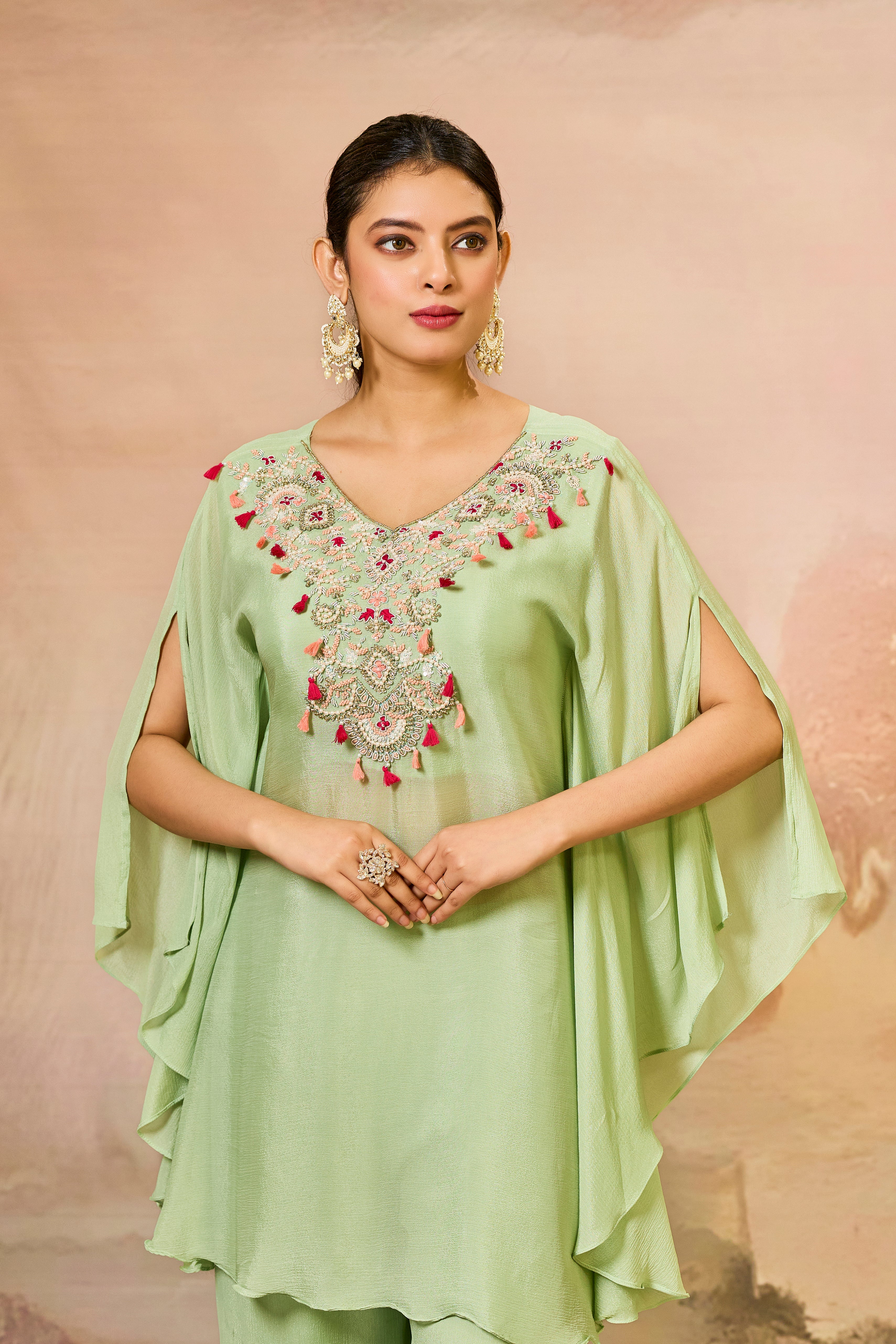 Green Handwork Chinon Silk Sharara Set